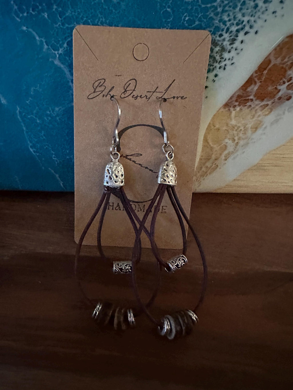 Cherry Brown Leather, Silver Alloy Beads, Wood Beads  with Stainless Steel Hooks