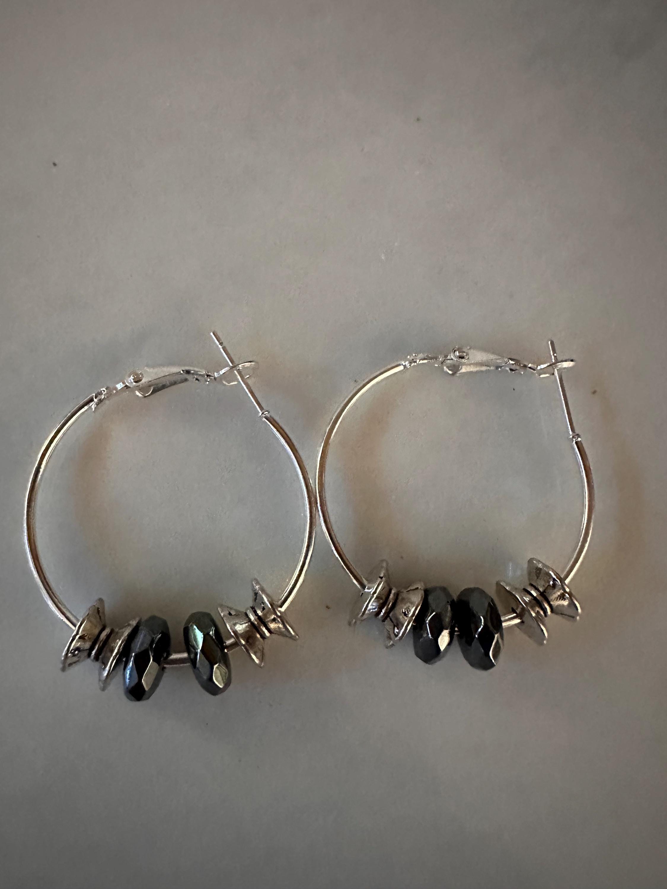 Silver Hoops  30mm with  Antique silver beads