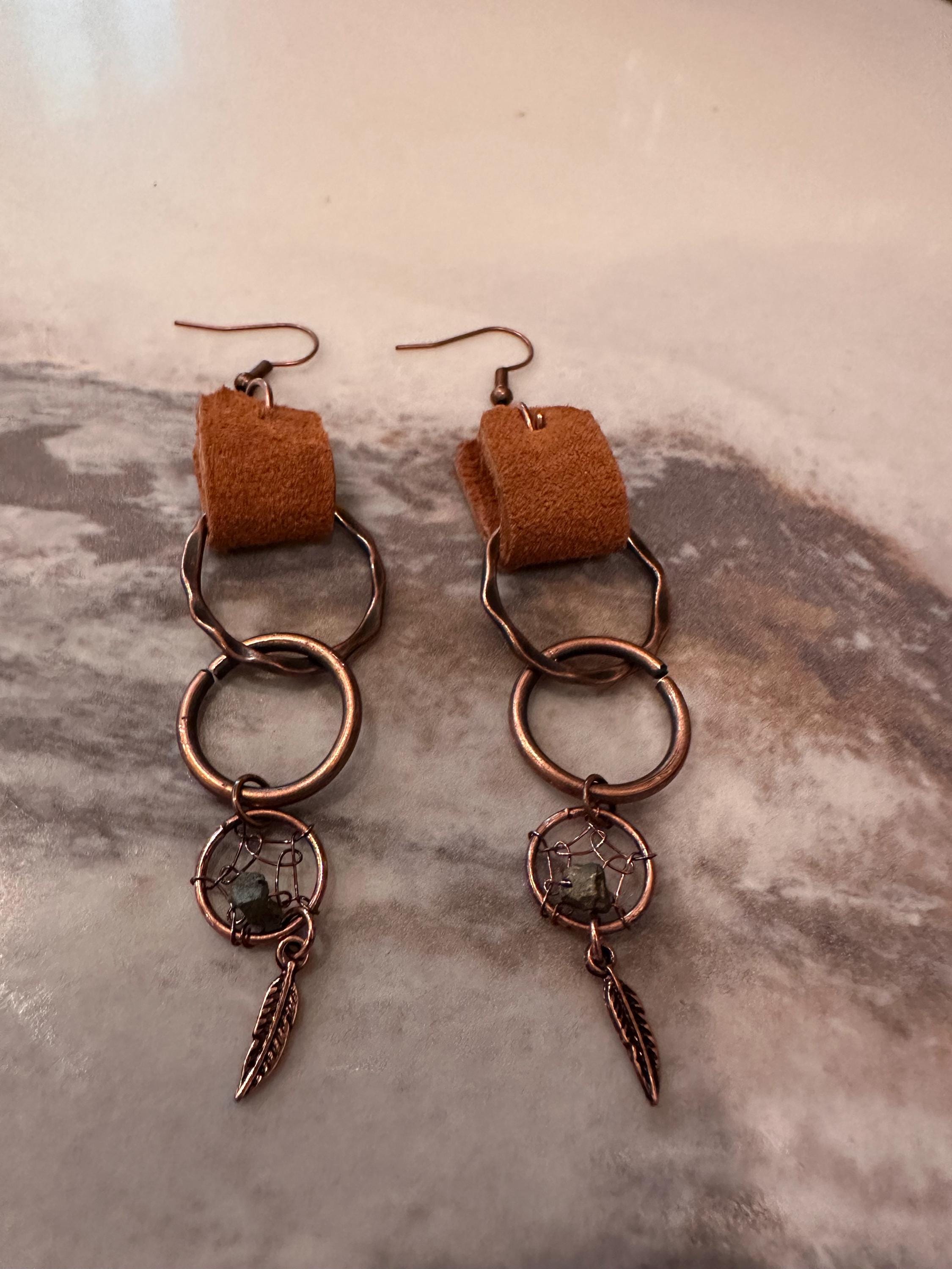 Copper, Suede Dream Catcher Earrings