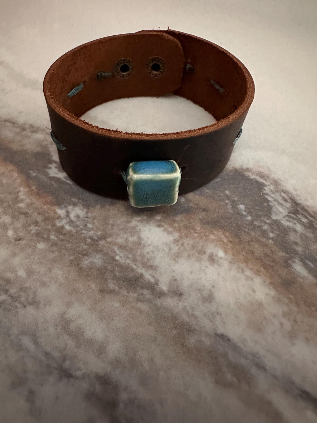 Leather Cuff Bracelet: Dark Brown, Threaded, Blue Ceramic Bead, Bronze Snap, Adjustable
