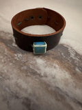 Cuff Bracelet, Leather, Dark Brown, Threaded, Blue Ceramic Bead, Bronze Snap, Adjustable