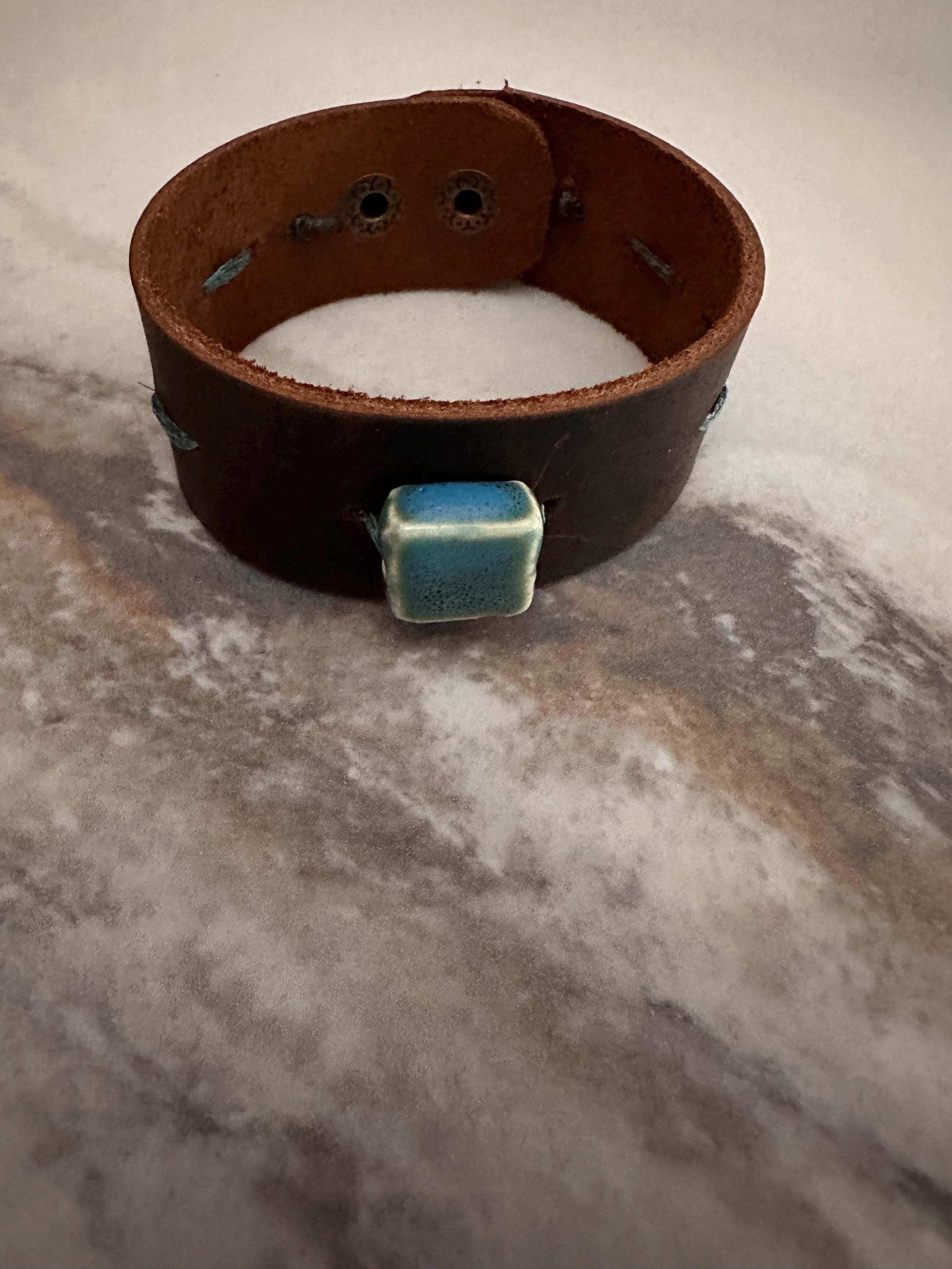 Leather Cuff Bracelet: Dark Brown, Threaded, Blue Ceramic Bead, Bronze Snap, Adjustable