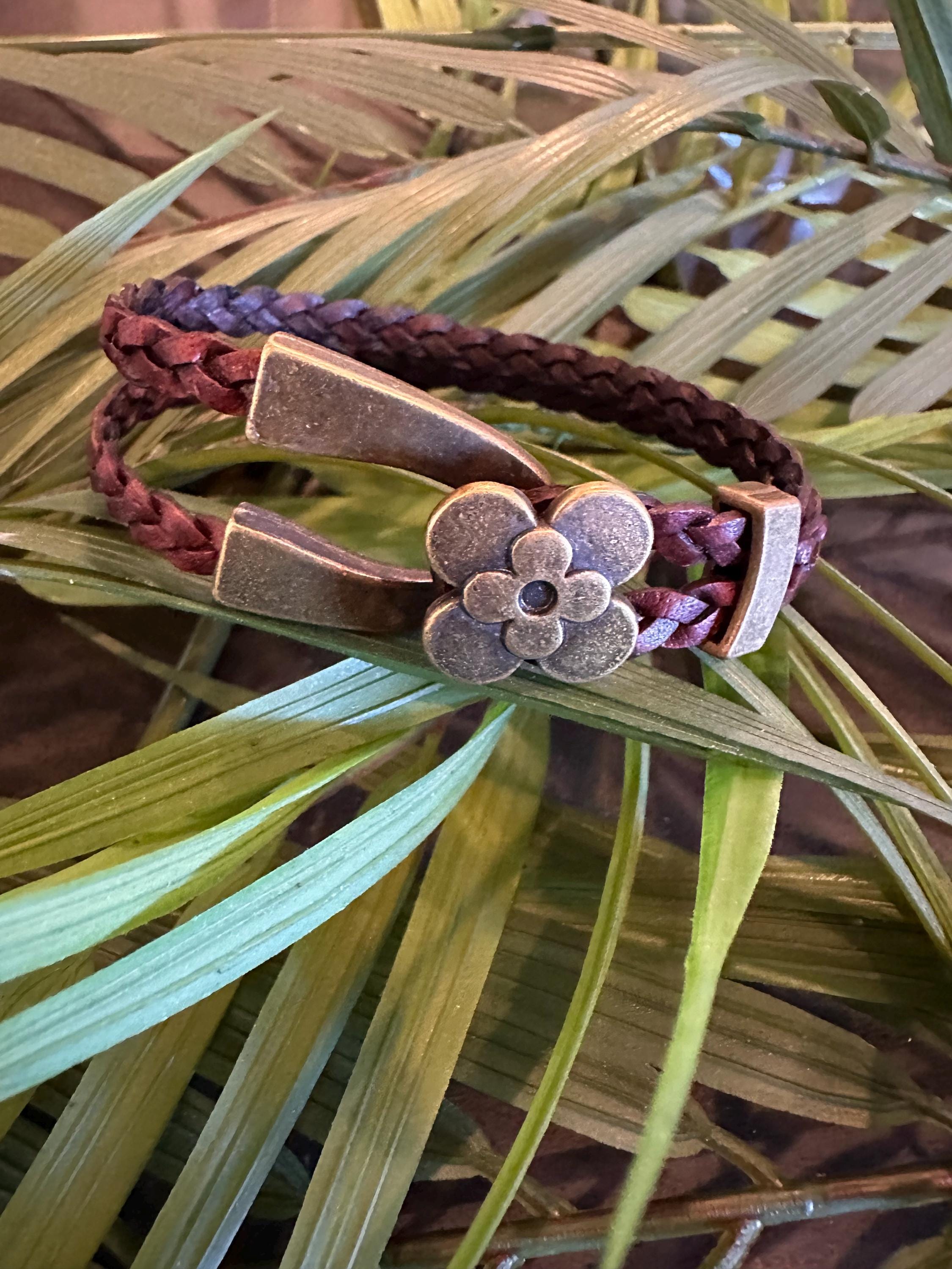 Leather Cuff Bracelet: Dark Brown, Braided, Bronze Flower Hook