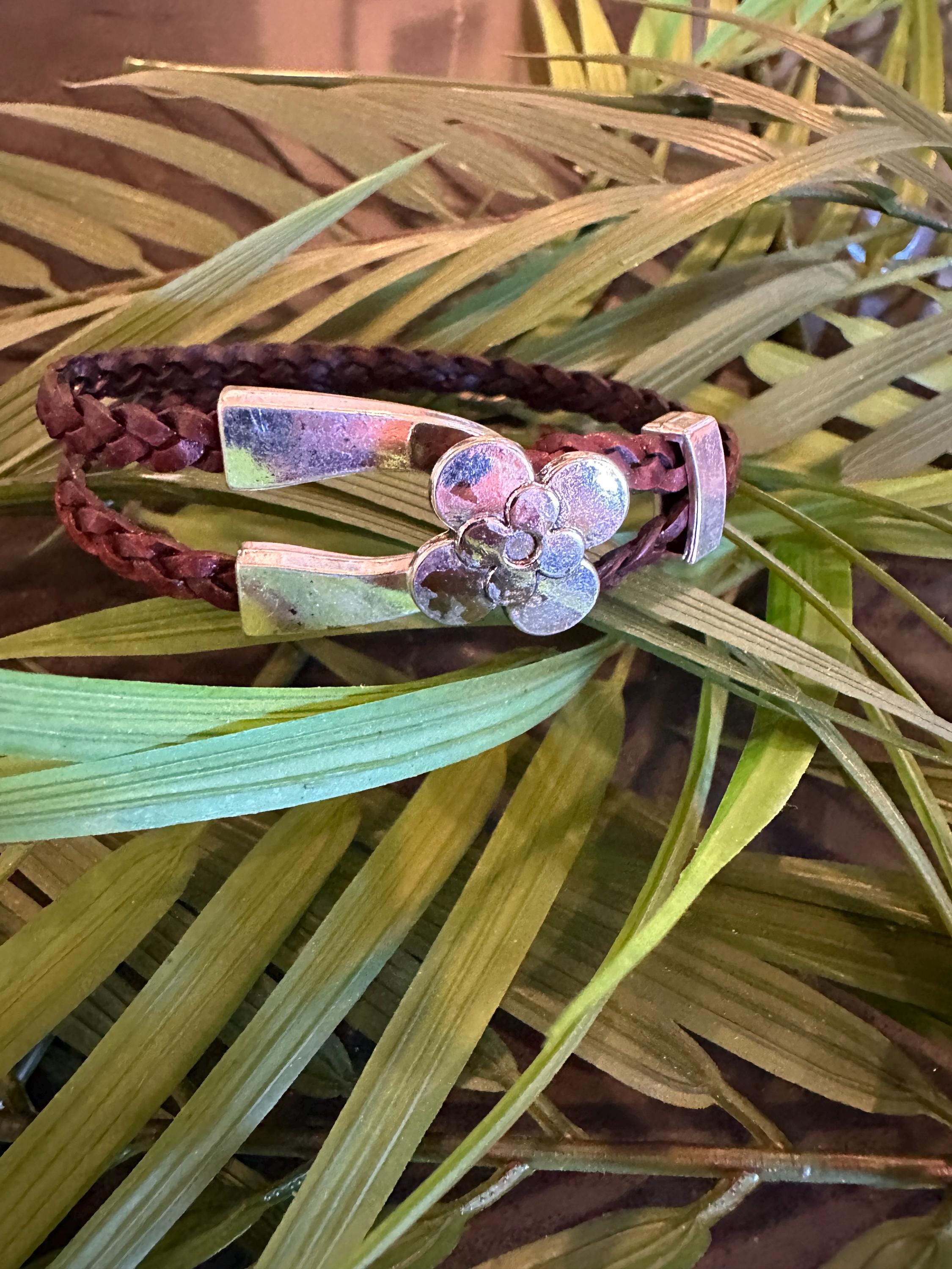Leather Cuff Bracelet: Dark Brown, Braided, Silver Flower Hook