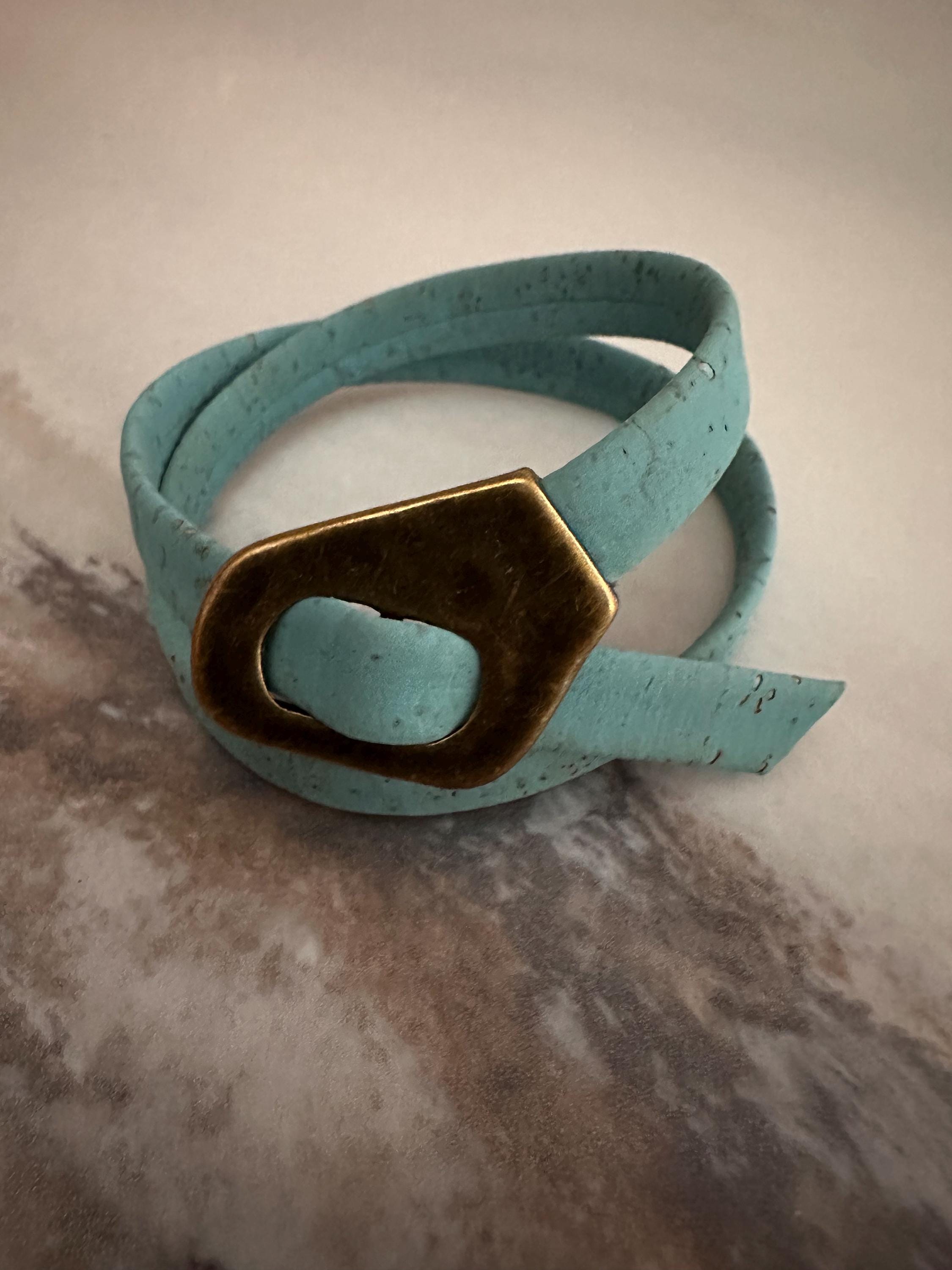 Cork Cuff Bracelet: Teal Blue Wrap, Bronze Buckle, Adjustable