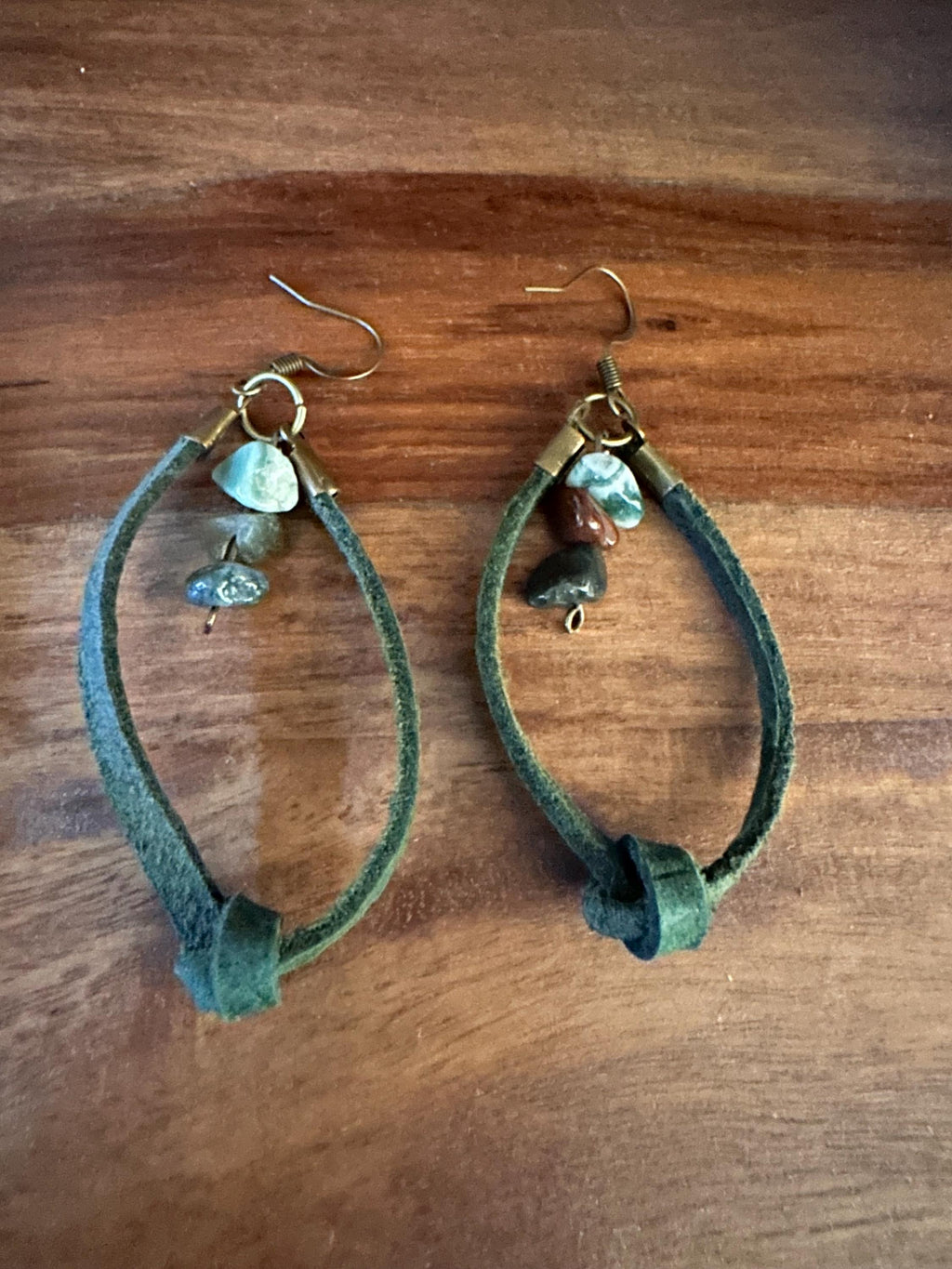 Green Knotted Leather and Indian Agate Stone with Bronze Hook Earrings