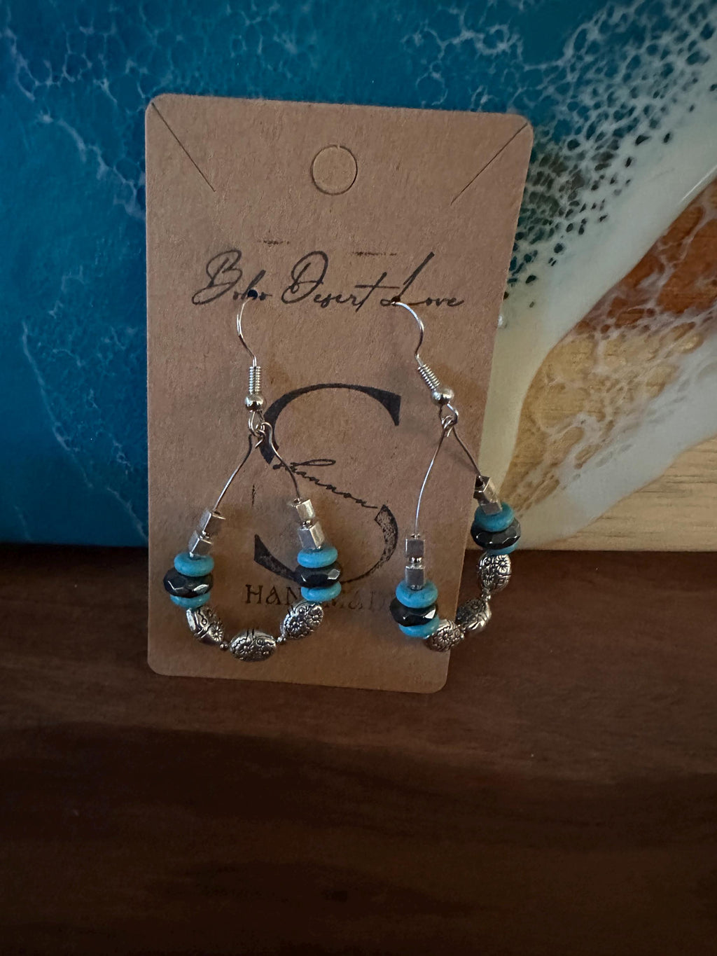 Hypoallergenic Silver Tone Dangle Earrings: Turquoise & Tibetan Style Beads