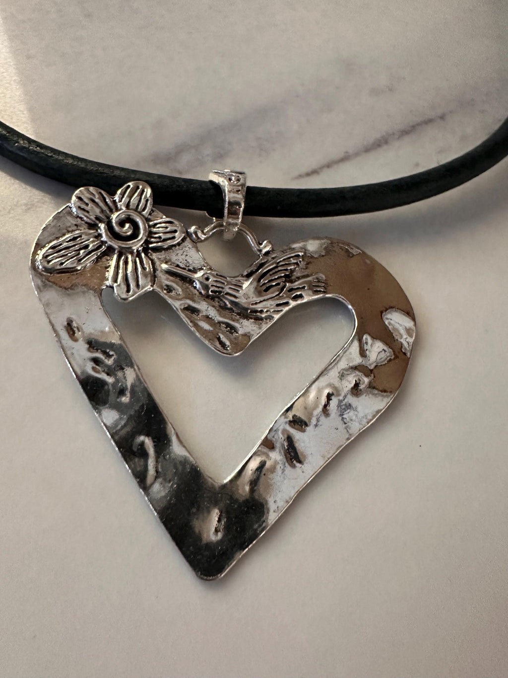 Antique Silver Heart Pendant with hummingbird on Teal Blue Leather cord