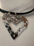 Necklace, Antique Silver Heart Pendant with hummingbird on Teal Blue Leather cord