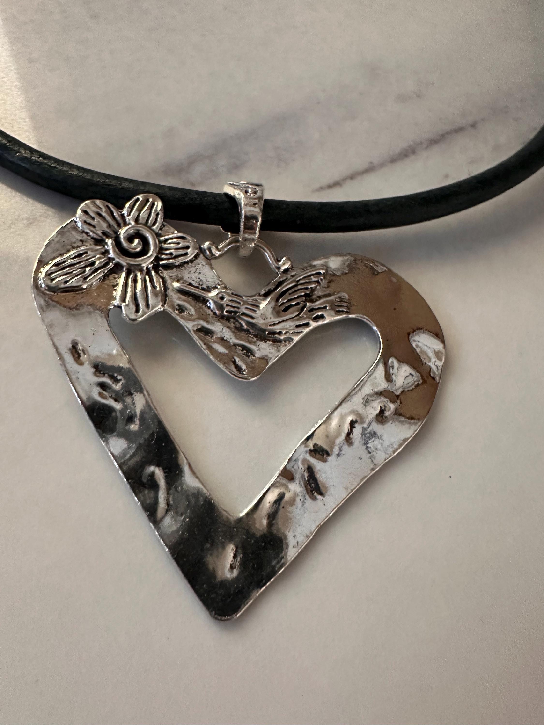 Antique Silver Heart Pendant with hummingbird on Teal Blue Leather cord