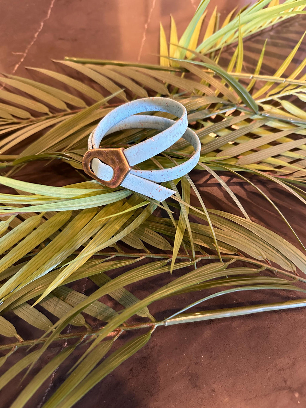 Cork Cuff Bracelet: Teal Blue Wrap, Bronze Buckle, Adjustable