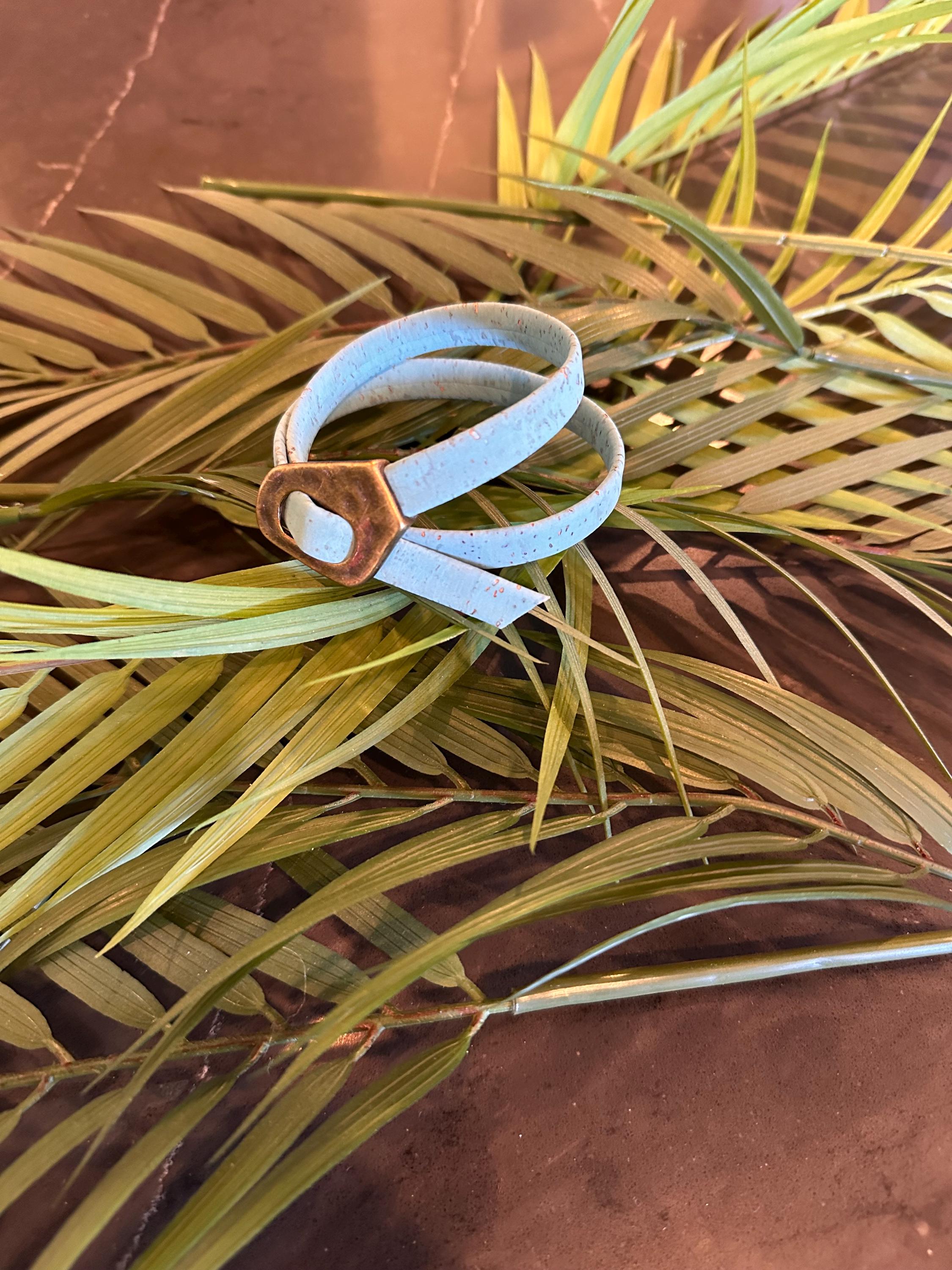Cork Cuff Bracelet: Teal Blue Wrap, Bronze Buckle, Adjustable