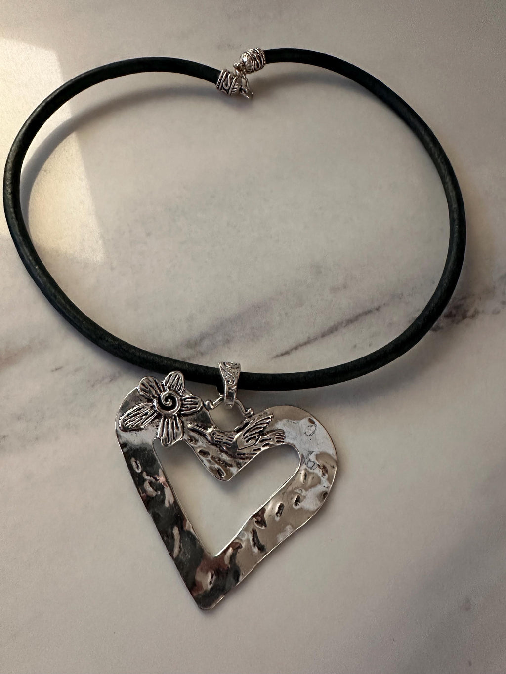 Antique Silver Heart Pendant with hummingbird on Teal Blue Leather cord