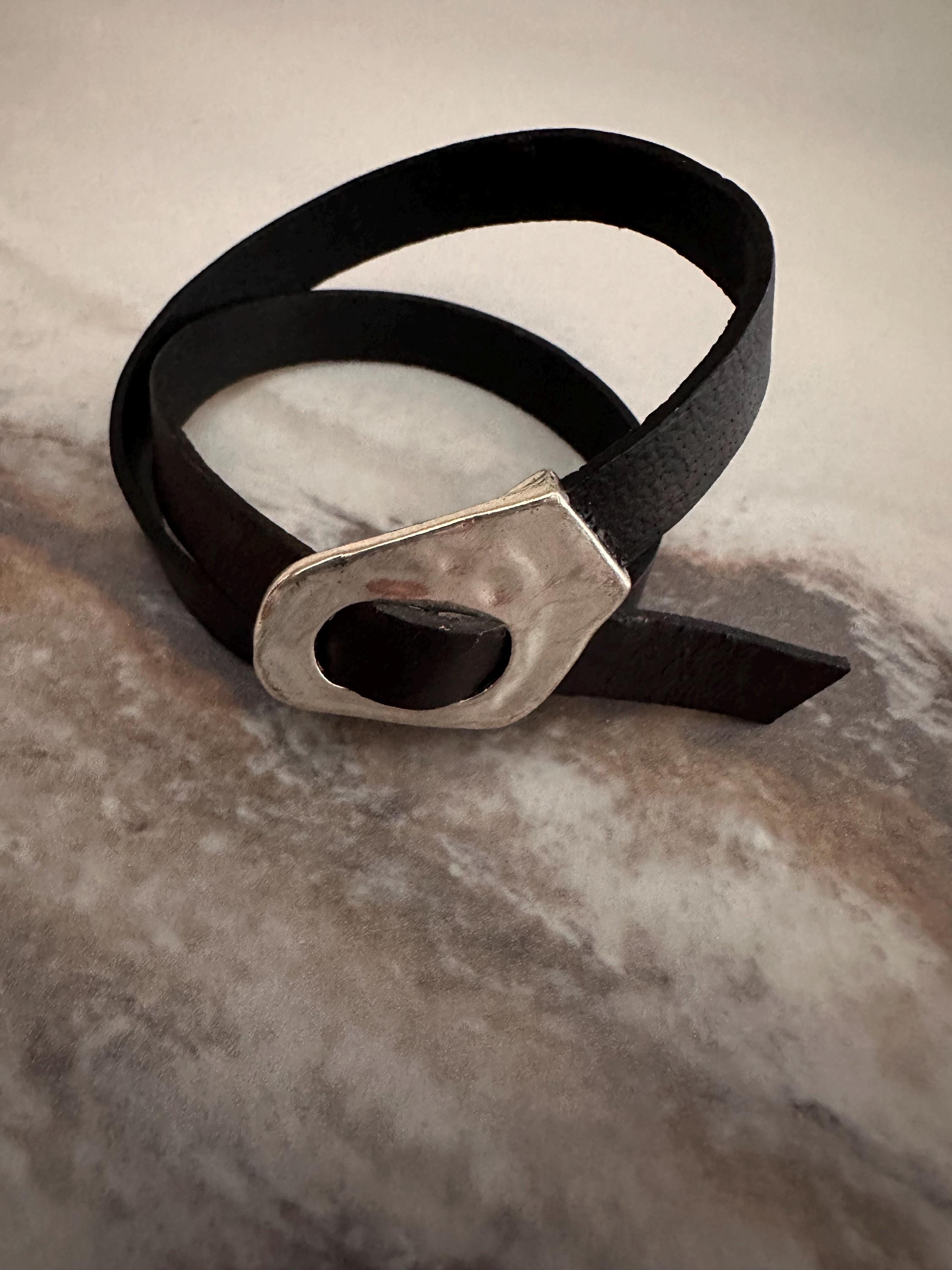 Leather Cuff Bracelet: Black Double Wrap, Silver Buckle, Adjustable