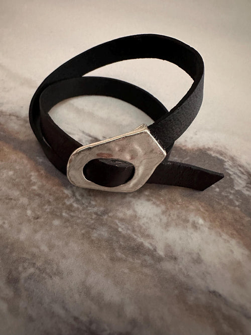 Bracelet, Leather, Black Double Wrap, Silver Buckle, Adjustable