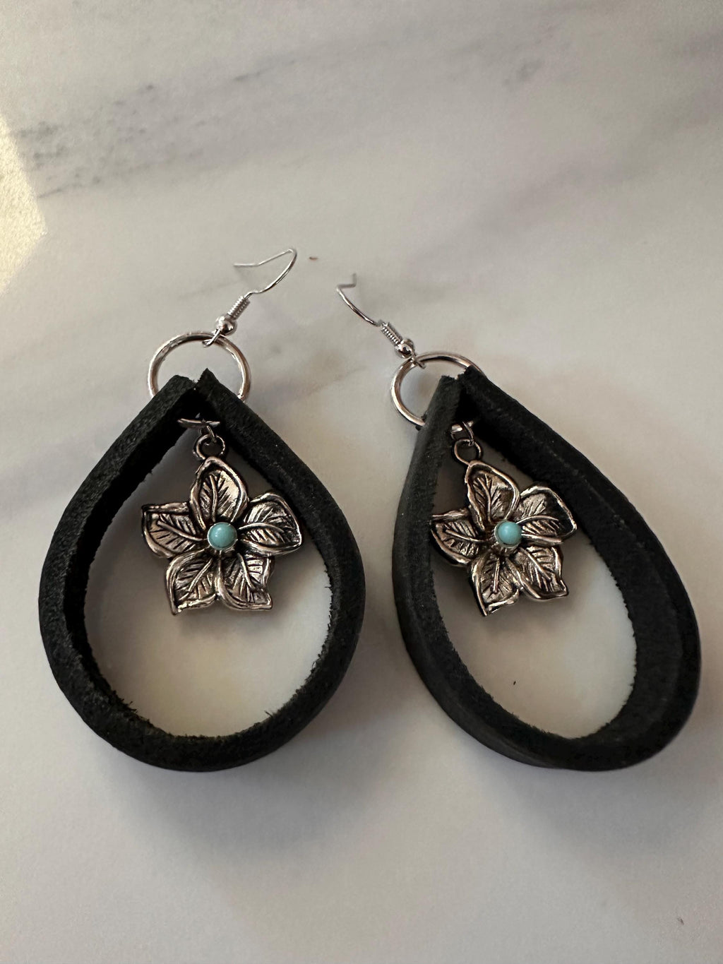 Leather and Antique Silver Flower Earrings