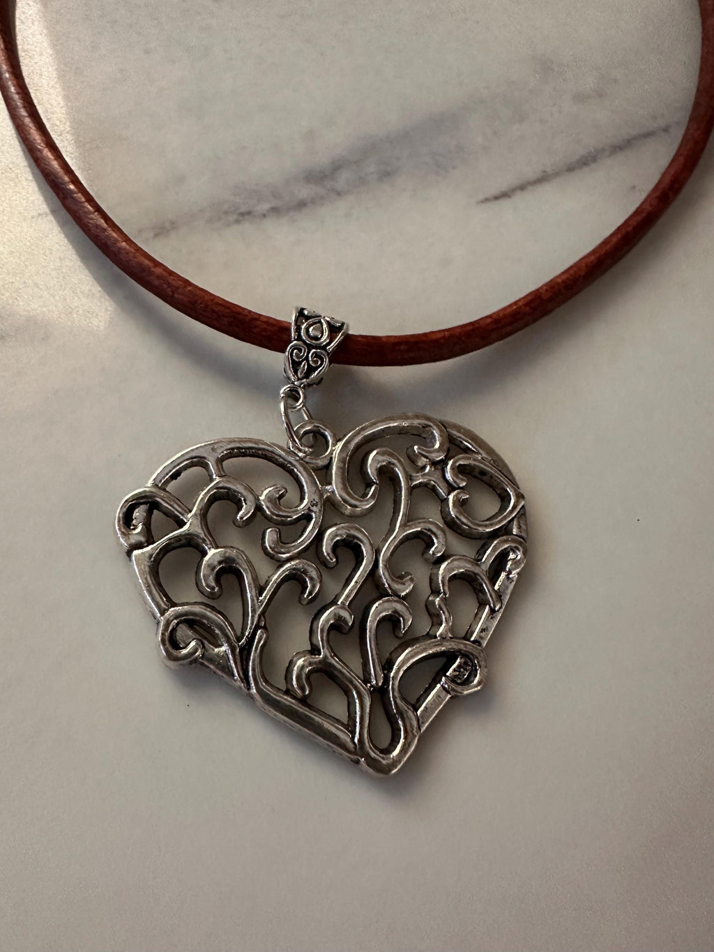 Antique Pewter Filigree Heart on Brown Leather Cord