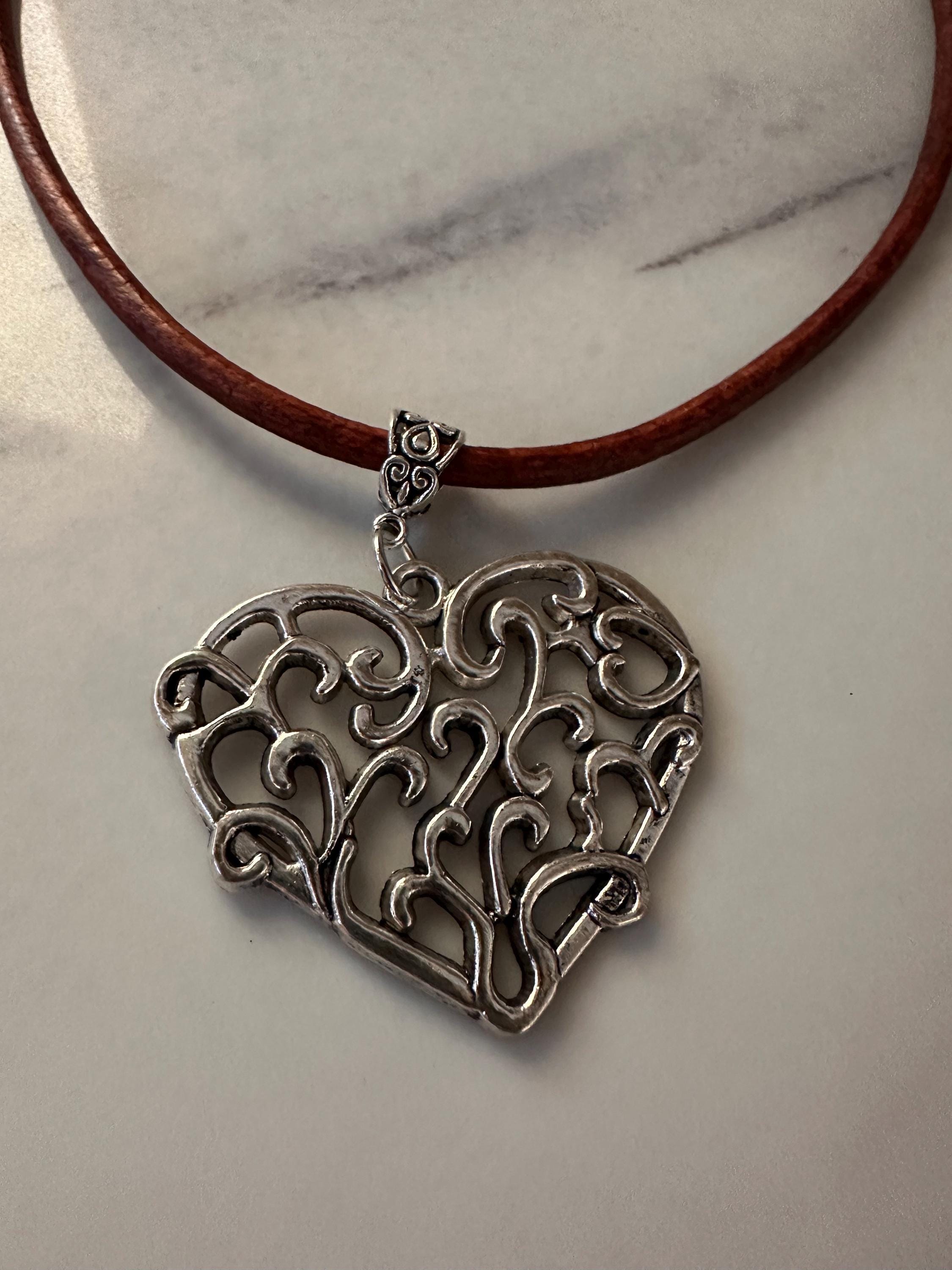 Antique Pewter Filigree Heart on Brown Leather Cord