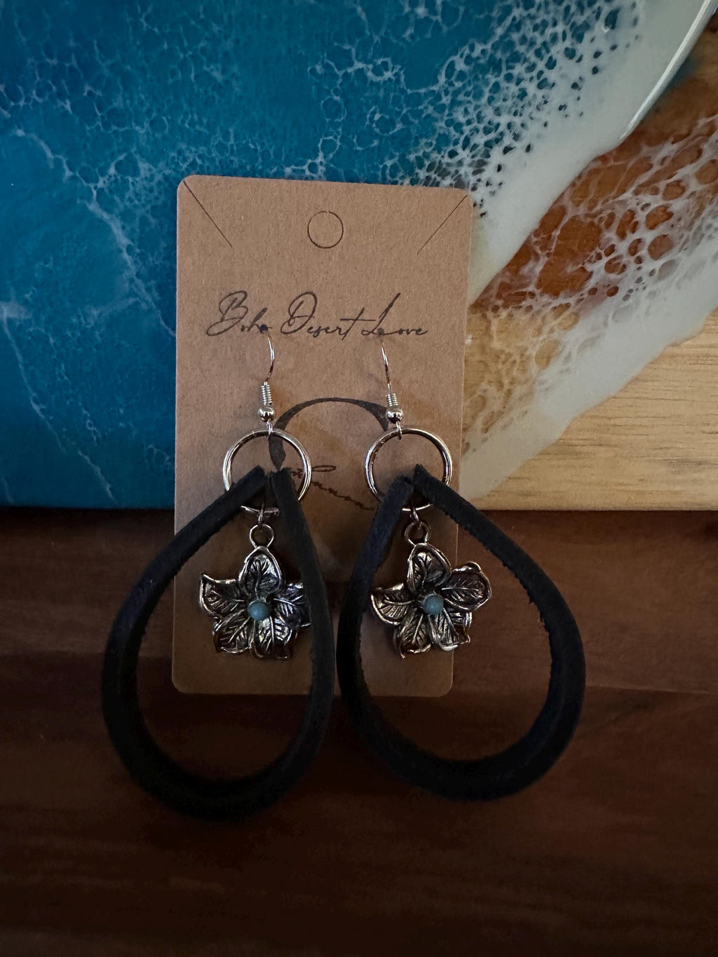 Leather and Antique Silver Flower Earrings