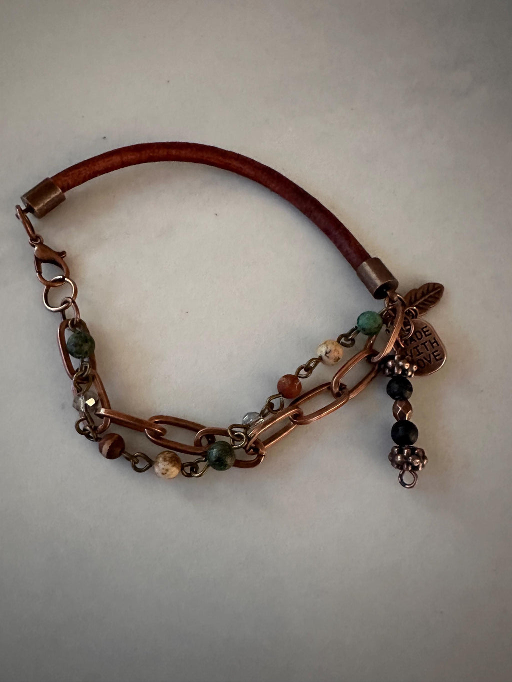 Leather Bracelet: Bronze, African Bead, Copper Chain