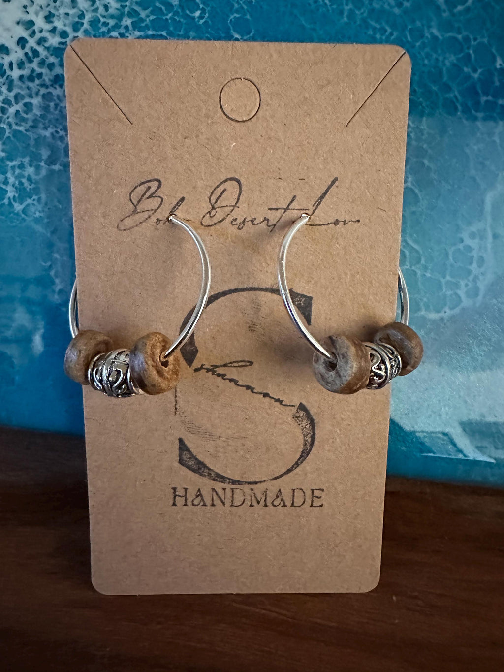 Silver Hoops  25mm with Wood  and Antique silver beads