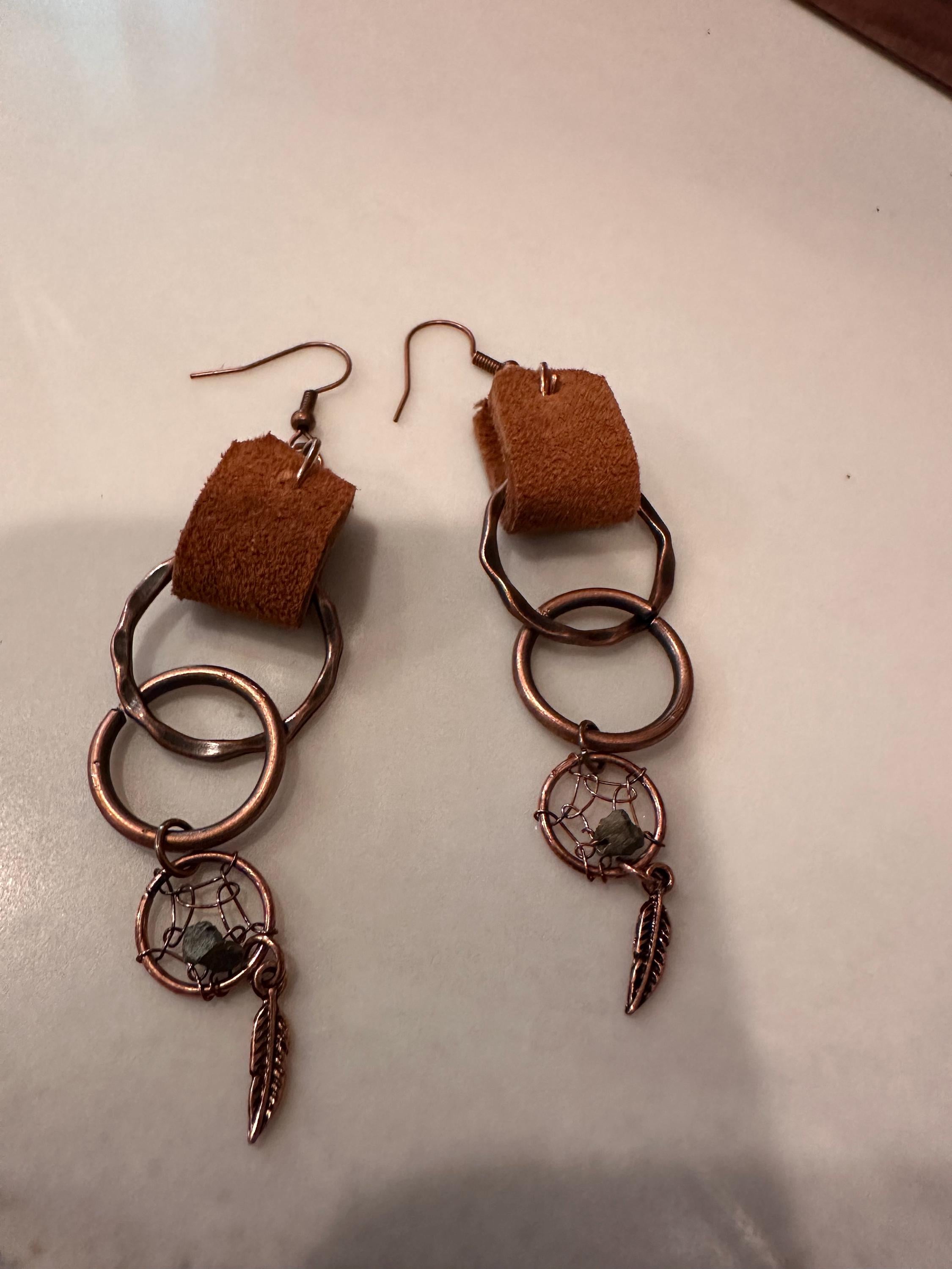 Copper, Suede Dream Catcher Earrings