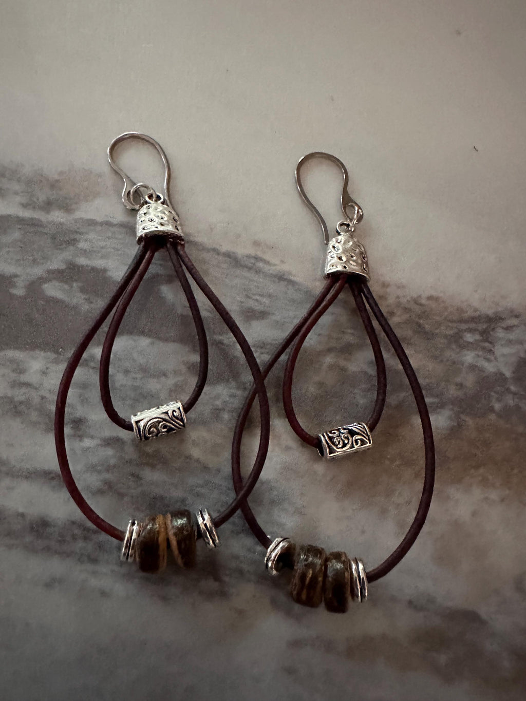 Cherry Brown Leather, Silver Alloy Beads, Wood Beads  with Stainless Steel Hooks