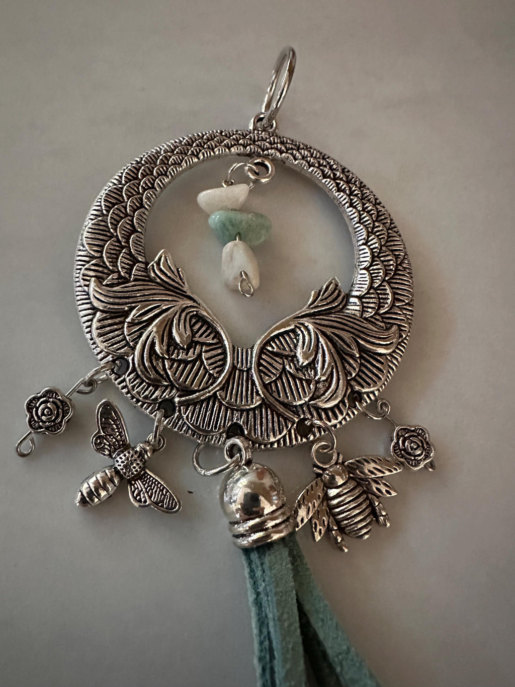 Car-Rear View Mirror Flower, Bees, Amazonite Stone, Leather Cord, Stainless Steel Ball Chain