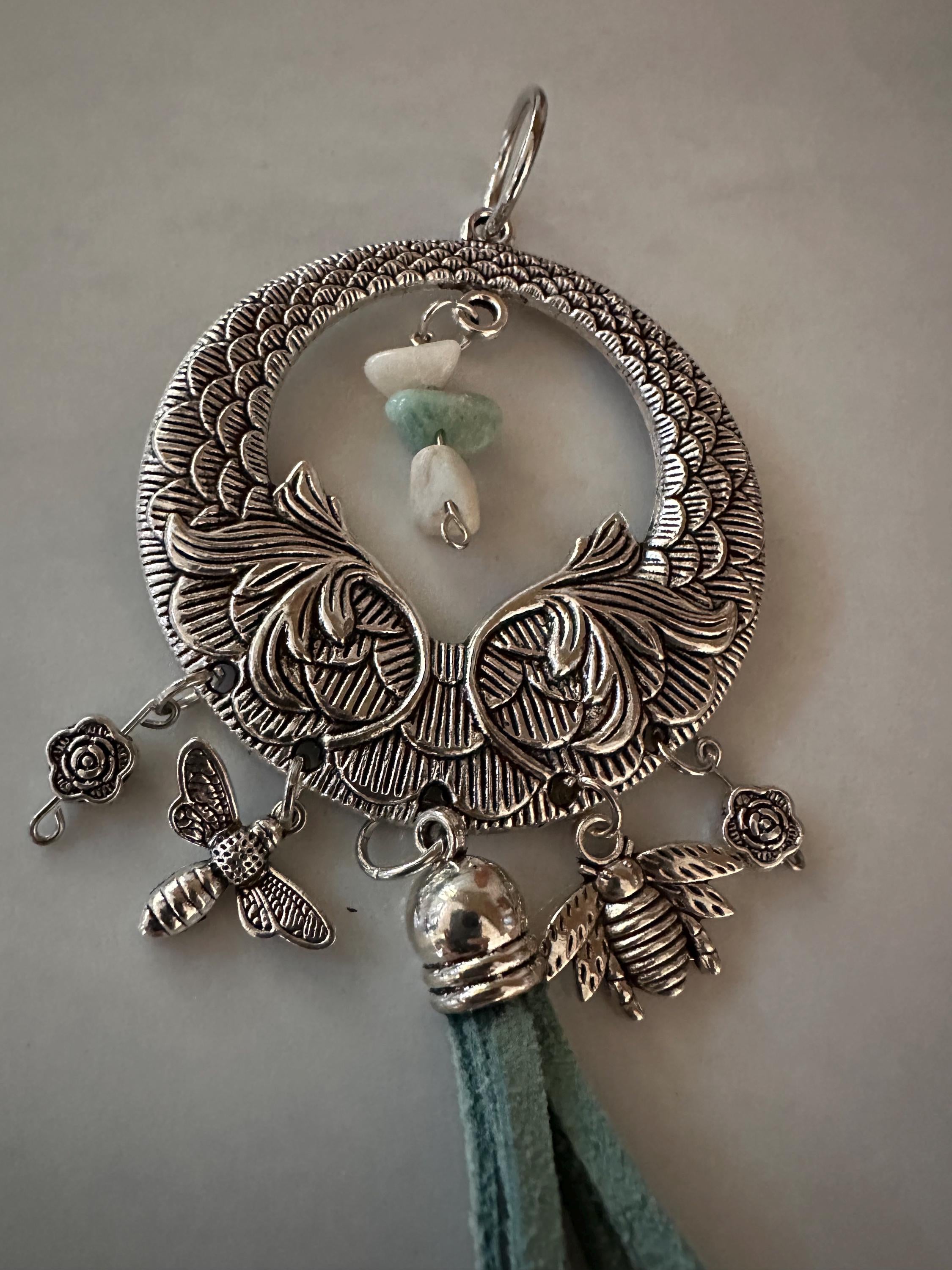 Car-Rear View Mirror Flower, Bees, Amazonite Stone, Leather Cord, Stainless Steel Ball Chain