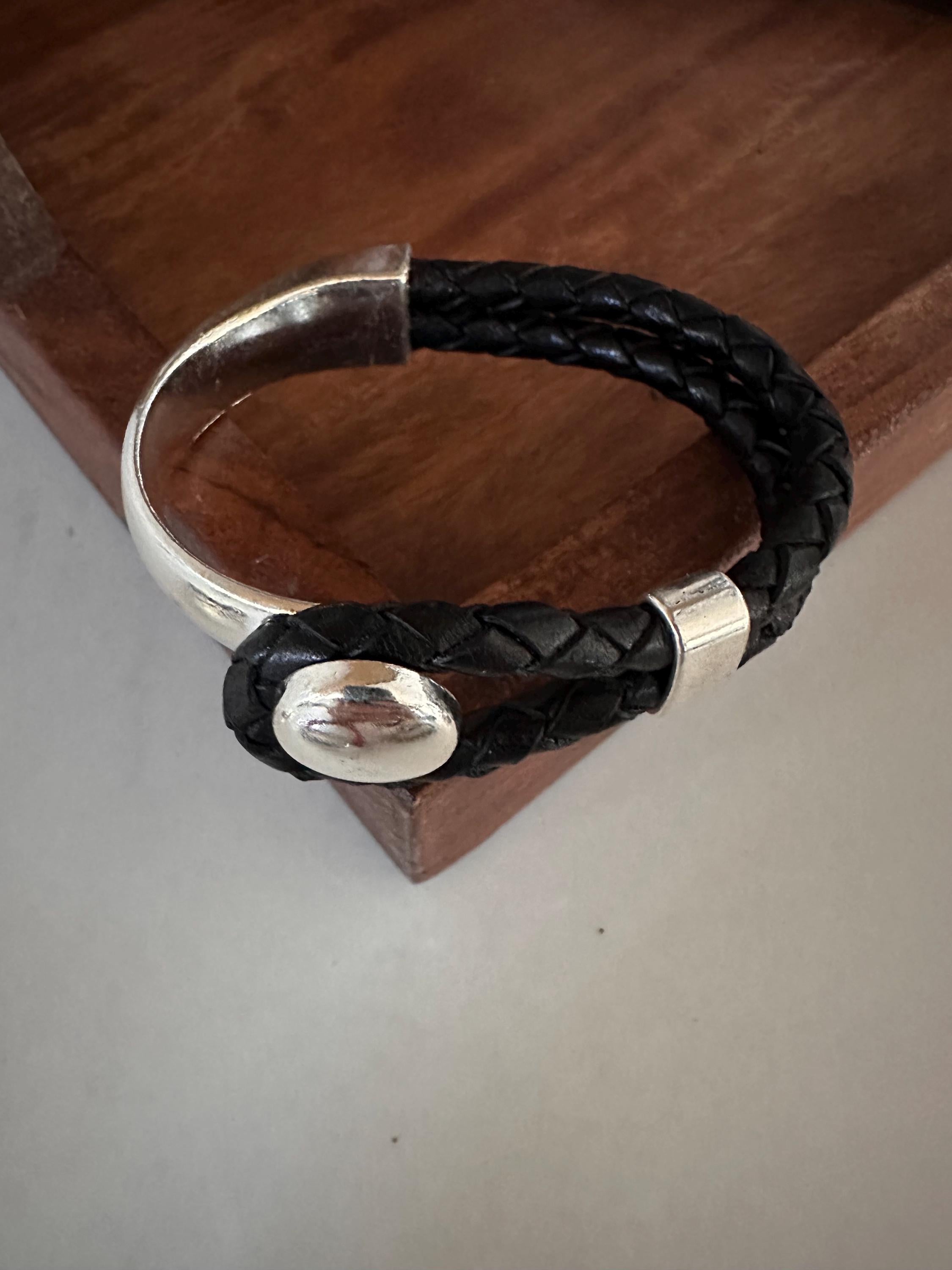 Leather Bracelet, silver tone button cuff.