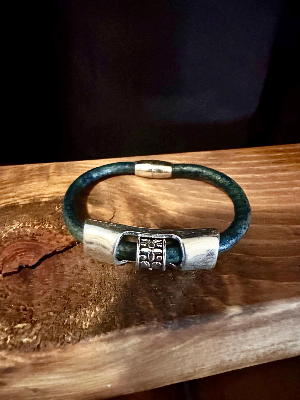 Leather Cuff Bracelet: Silver Bead Slider, Magnetic Clasp