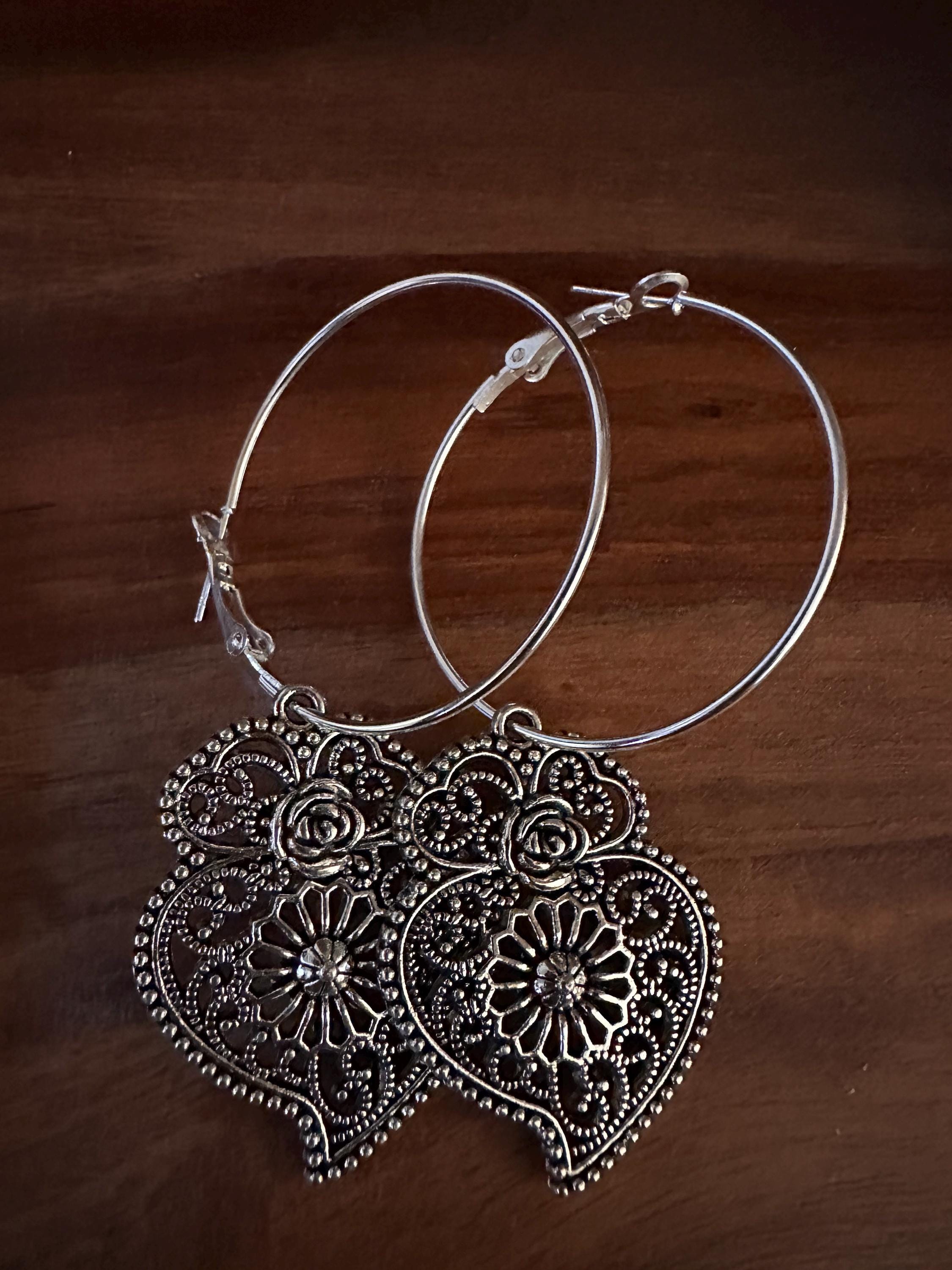 Silver Hoops  35mm with  Antique silver pendant