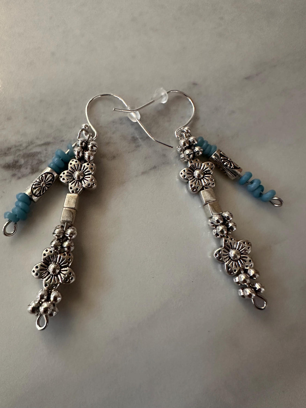 Blue Java Glass Bead, Antique Silver Bead Earrings