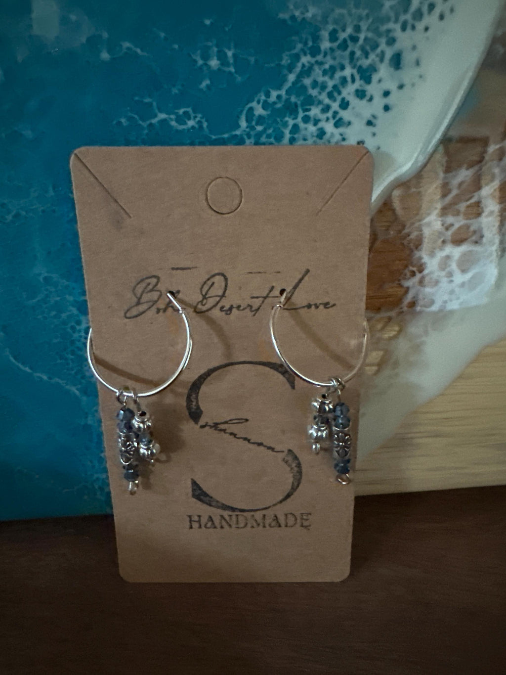 Blue Czech Bead Silver Hoops: 20mm Antique Style Earrings