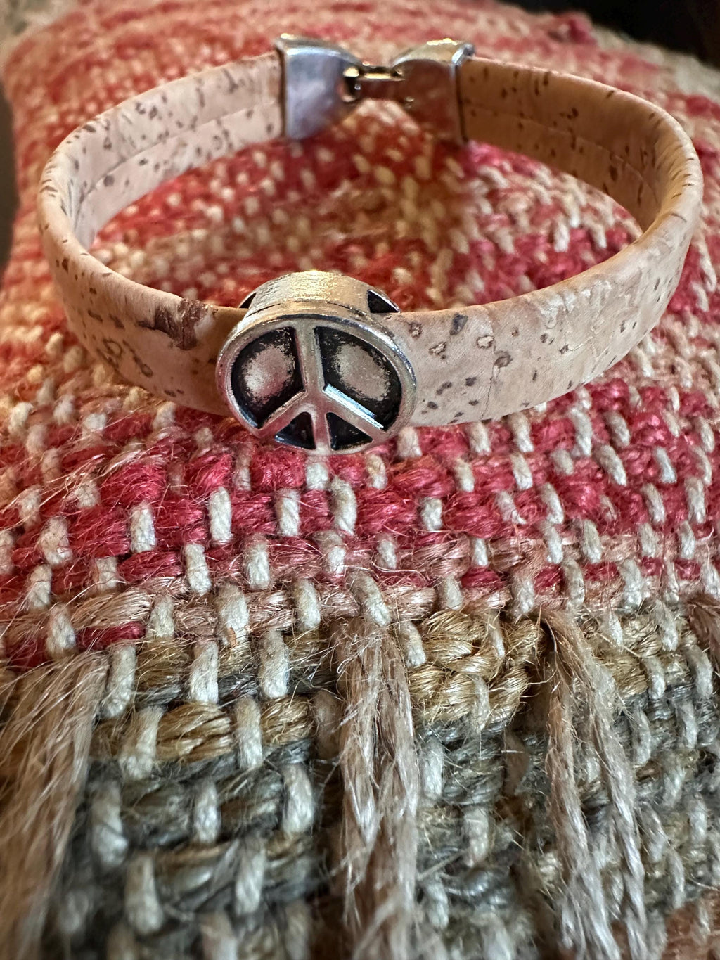 Cork Cuff Bracelet: Natural, Antique Silver Peace Sign Slider, Silver Clasp
