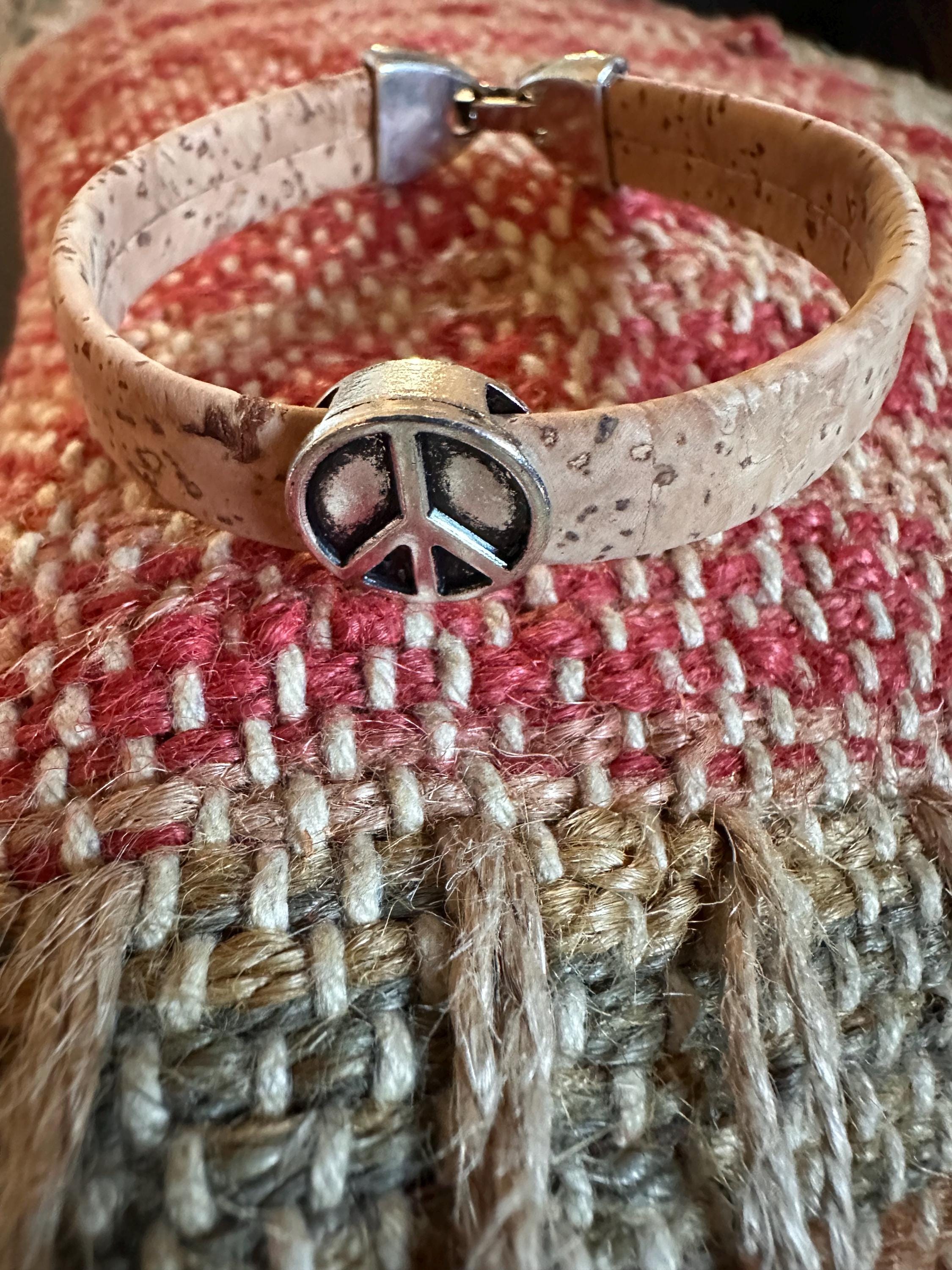 Cork Cuff Bracelet: Natural, Antique Silver Peace Sign Slider, Silver Clasp
