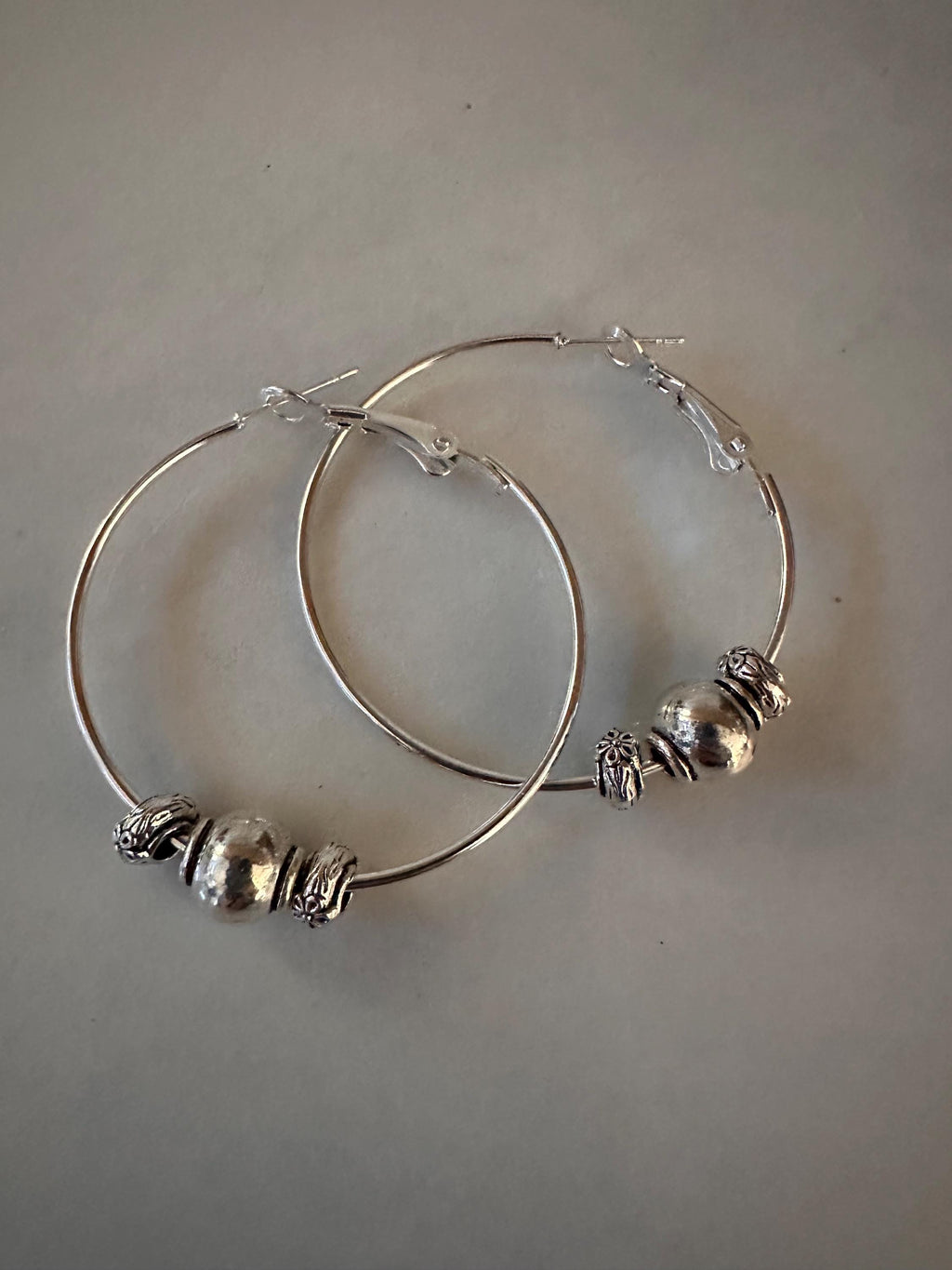 Silver Hoops  35mm with  Antique silver beads