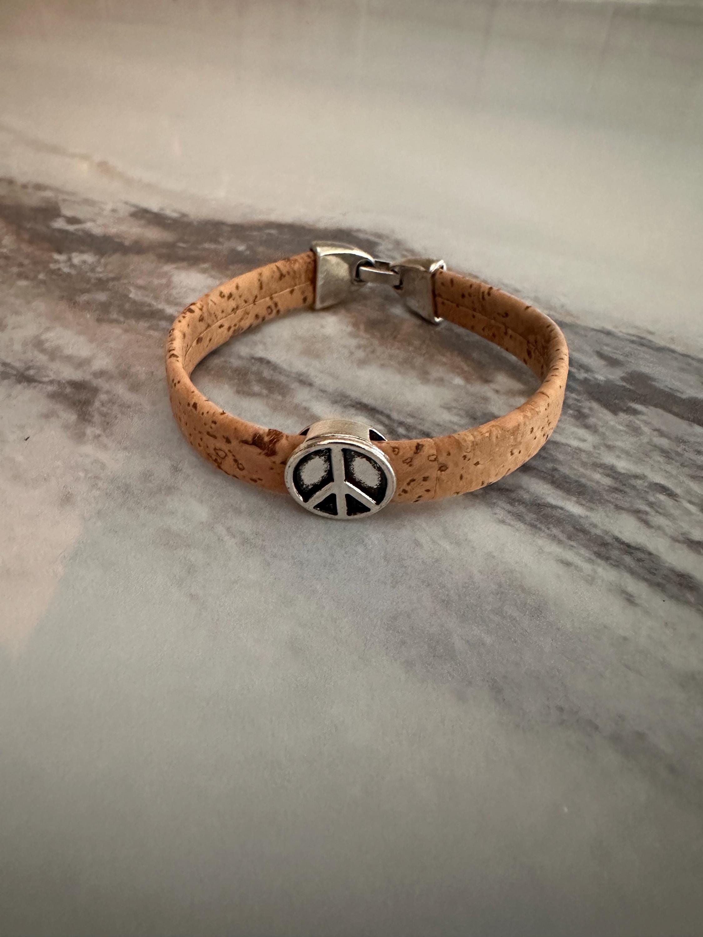 Cork Cuff Bracelet: Natural, Antique Silver Peace Sign Slider, Silver Clasp
