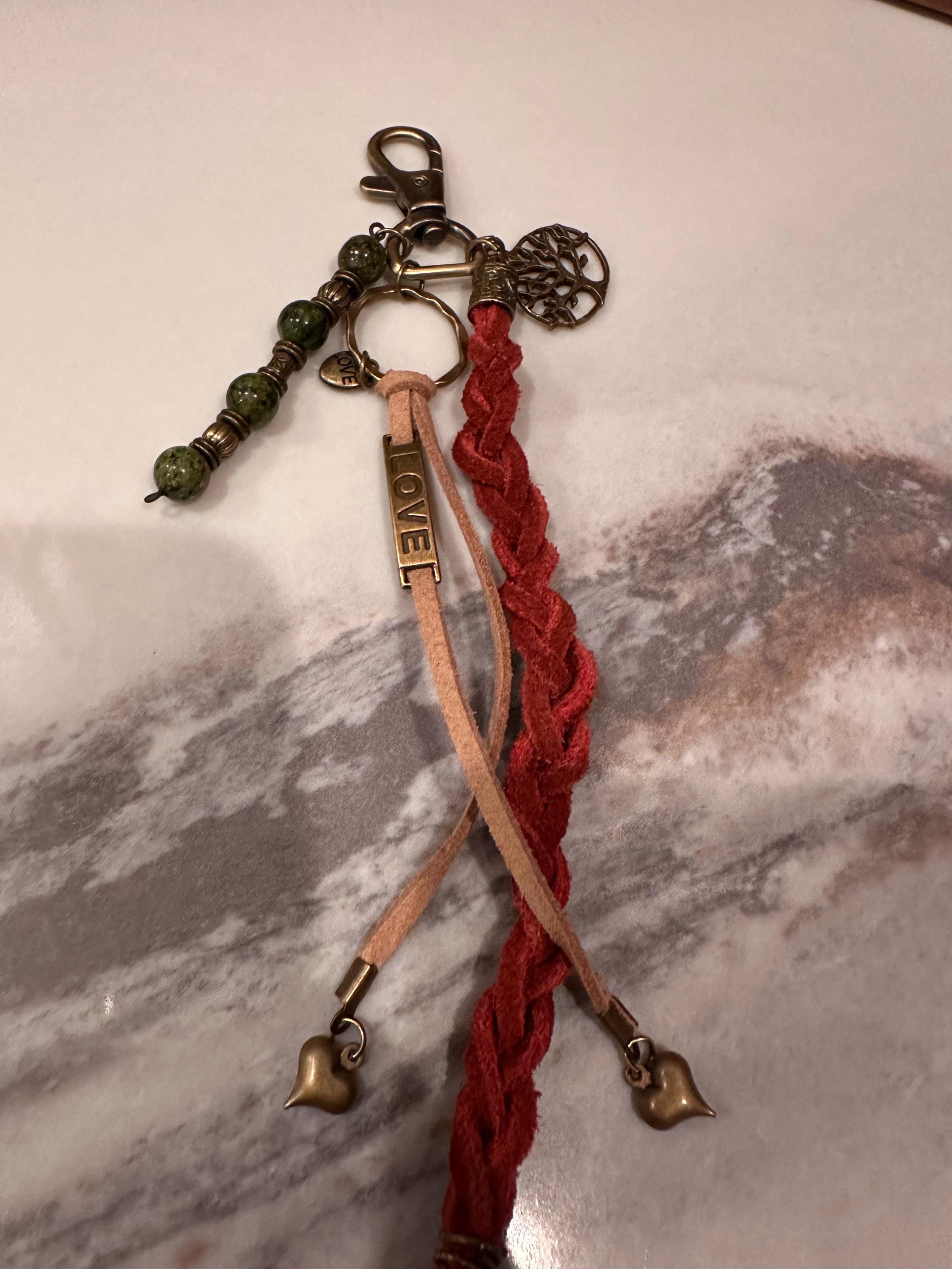 Brushed Bronze Key Chain: Leather, Tree, Agate Beads & Charms