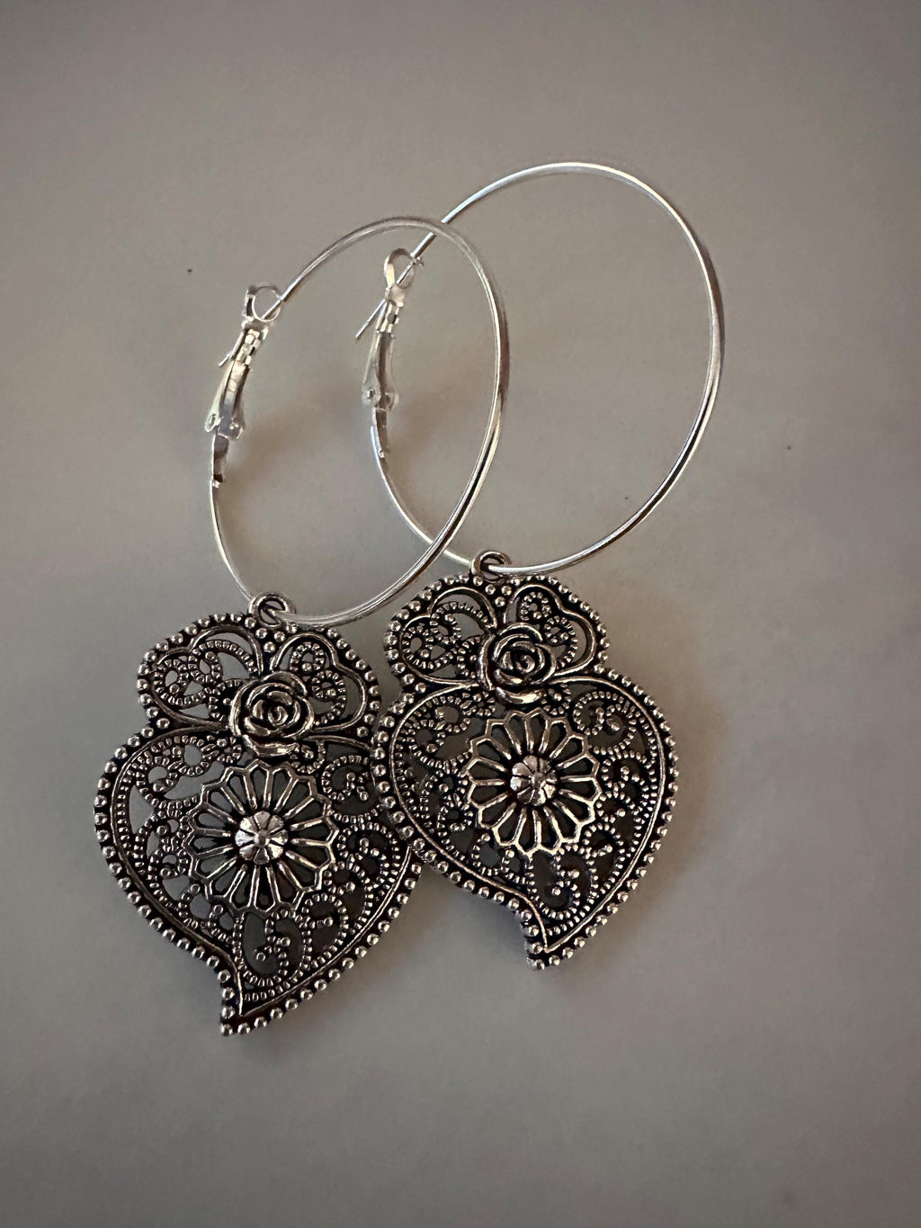 Silver Hoops  35mm with  Antique silver pendant