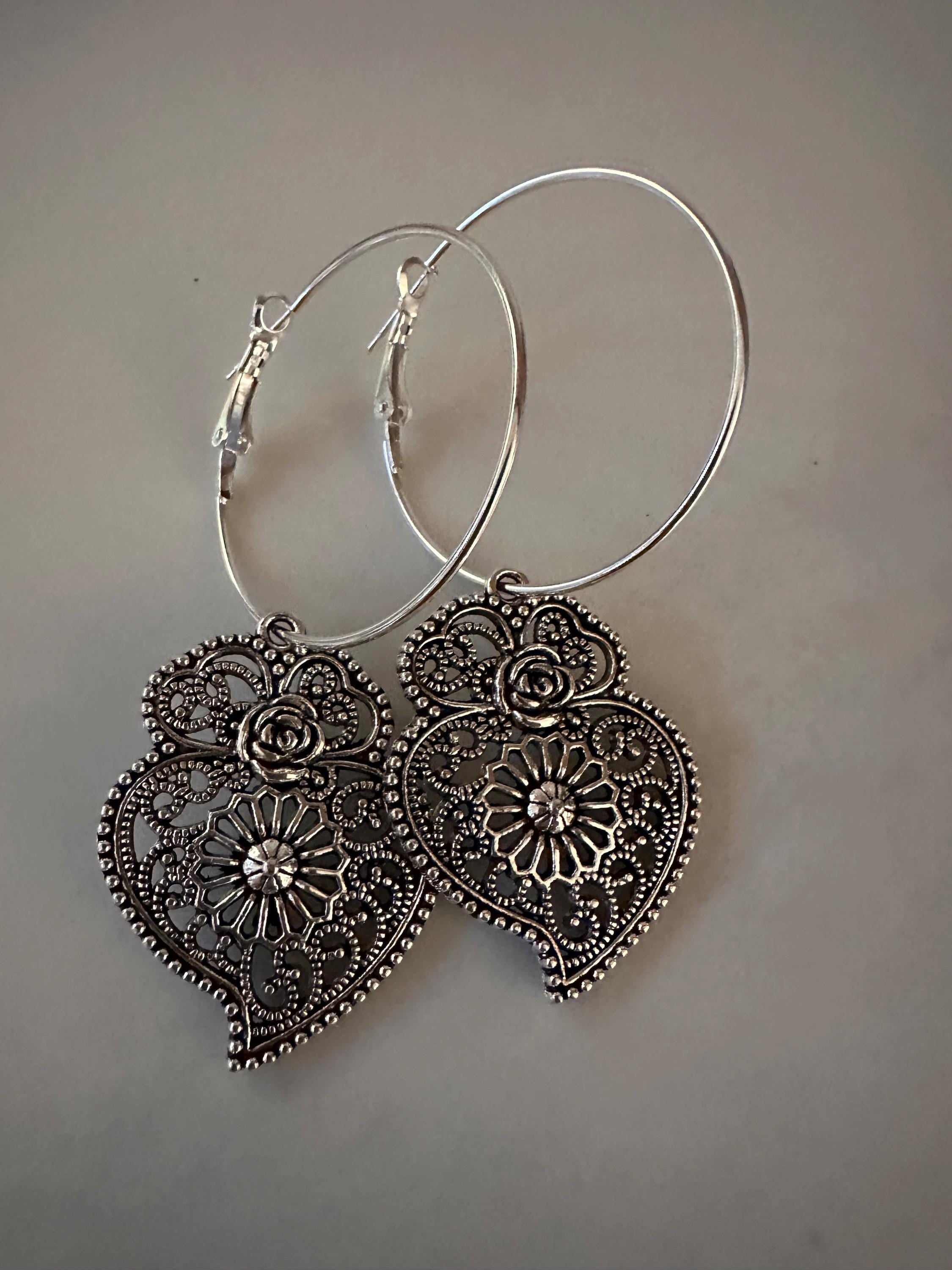 Silver Hoops  35mm with  Antique silver pendant