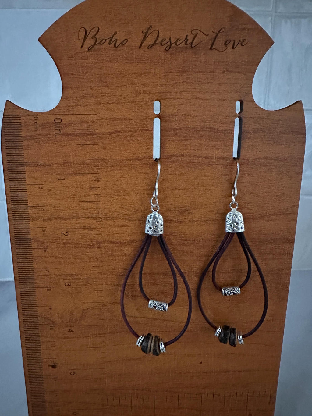 Cherry Brown Leather, Silver Alloy Beads, Wood Beads  with Stainless Steel Hooks