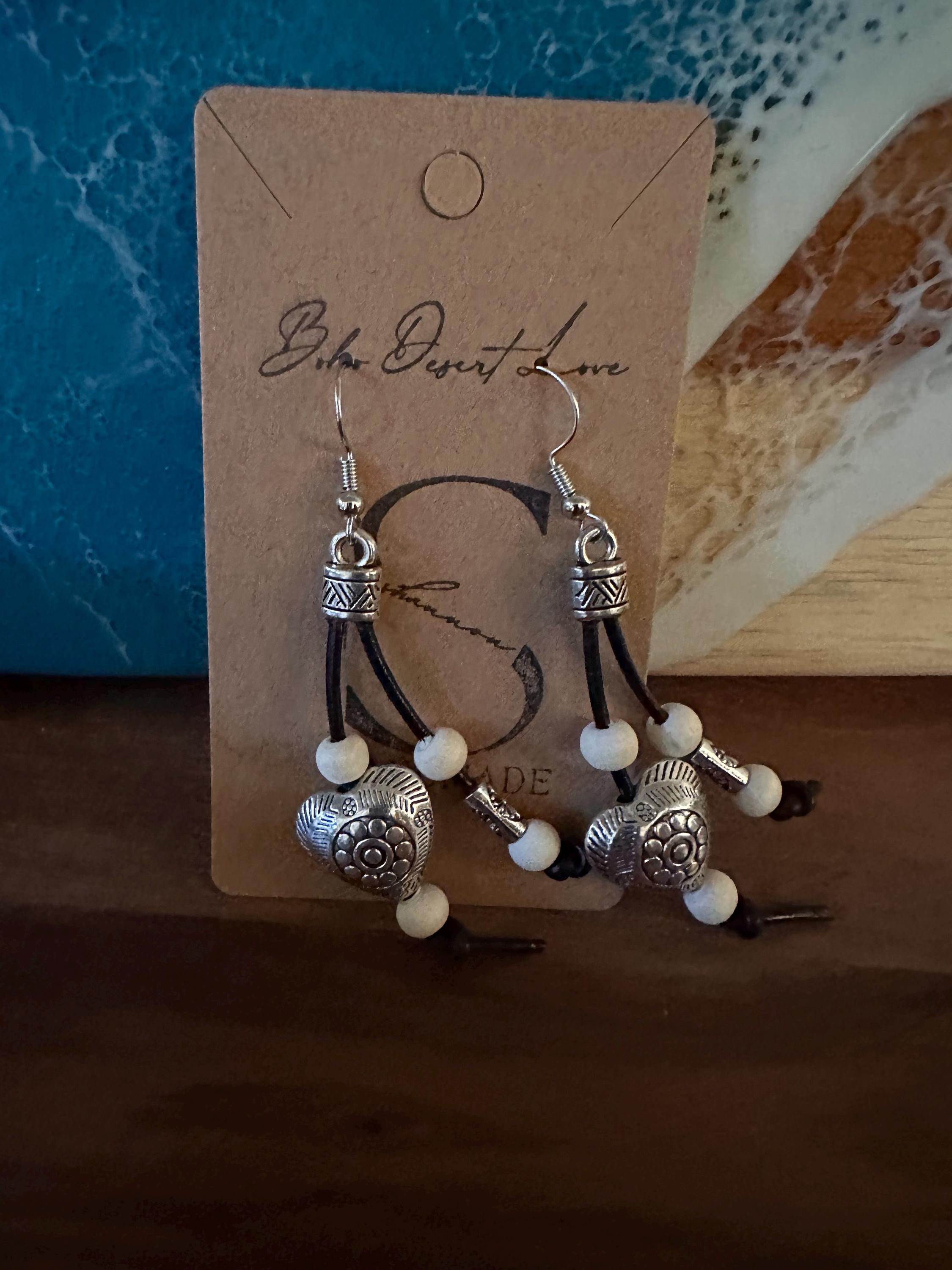 Antique Silver Heart and Beads, Leather Cord Earrings