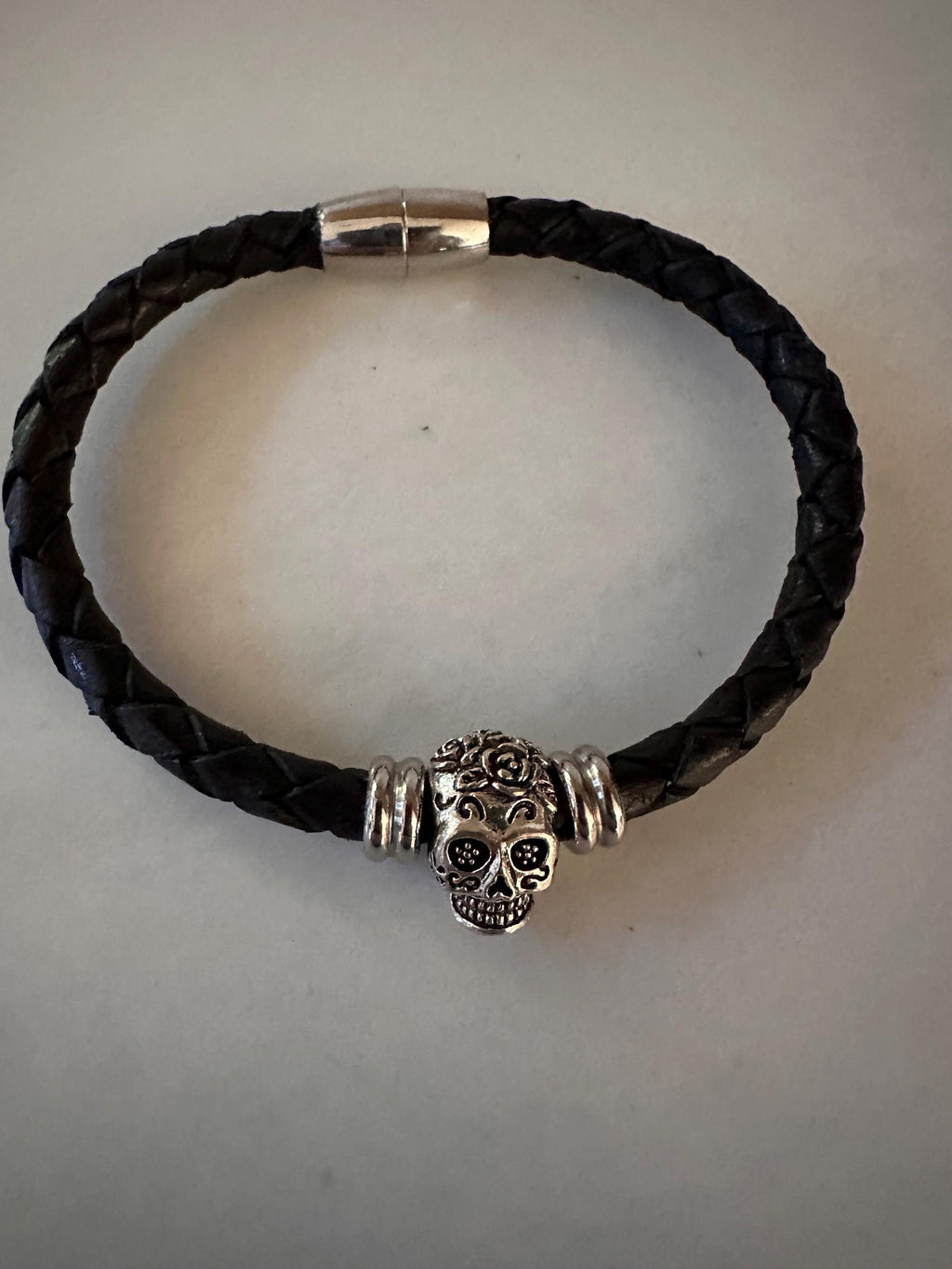 Leather Cuff Bracelet: Silver Skull Bead, Magnetic Clasp