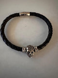 Bracelet, Leather, Silver Skull Bead, Magnetic Clasp