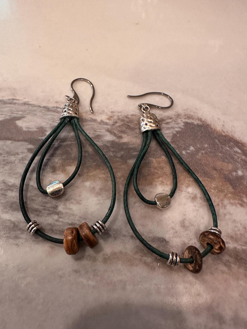 Teal Leather, Silver Alloy Beads, Wood Beads  with Stainless Steel Hooks