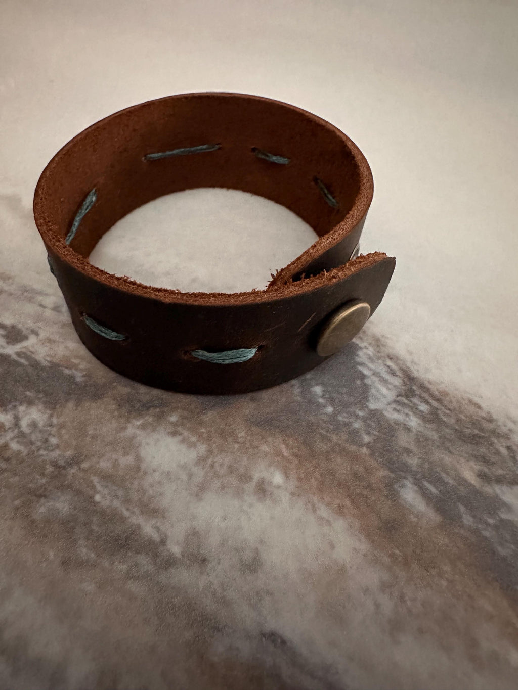 Leather Cuff Bracelet: Dark Brown, Threaded, Blue Ceramic Bead, Bronze Snap, Adjustable