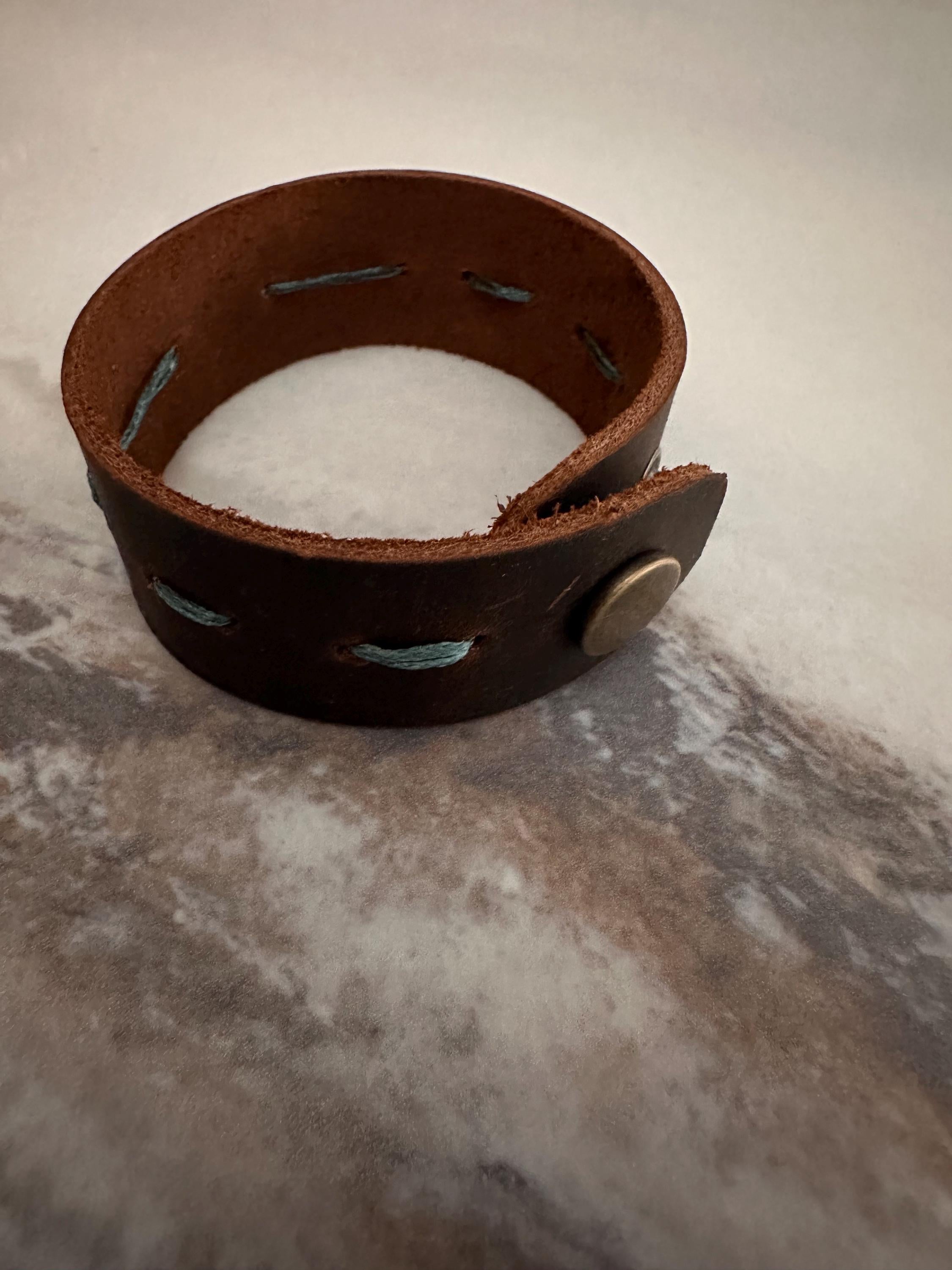 Leather Cuff Bracelet: Dark Brown, Threaded, Blue Ceramic Bead, Bronze Snap, Adjustable