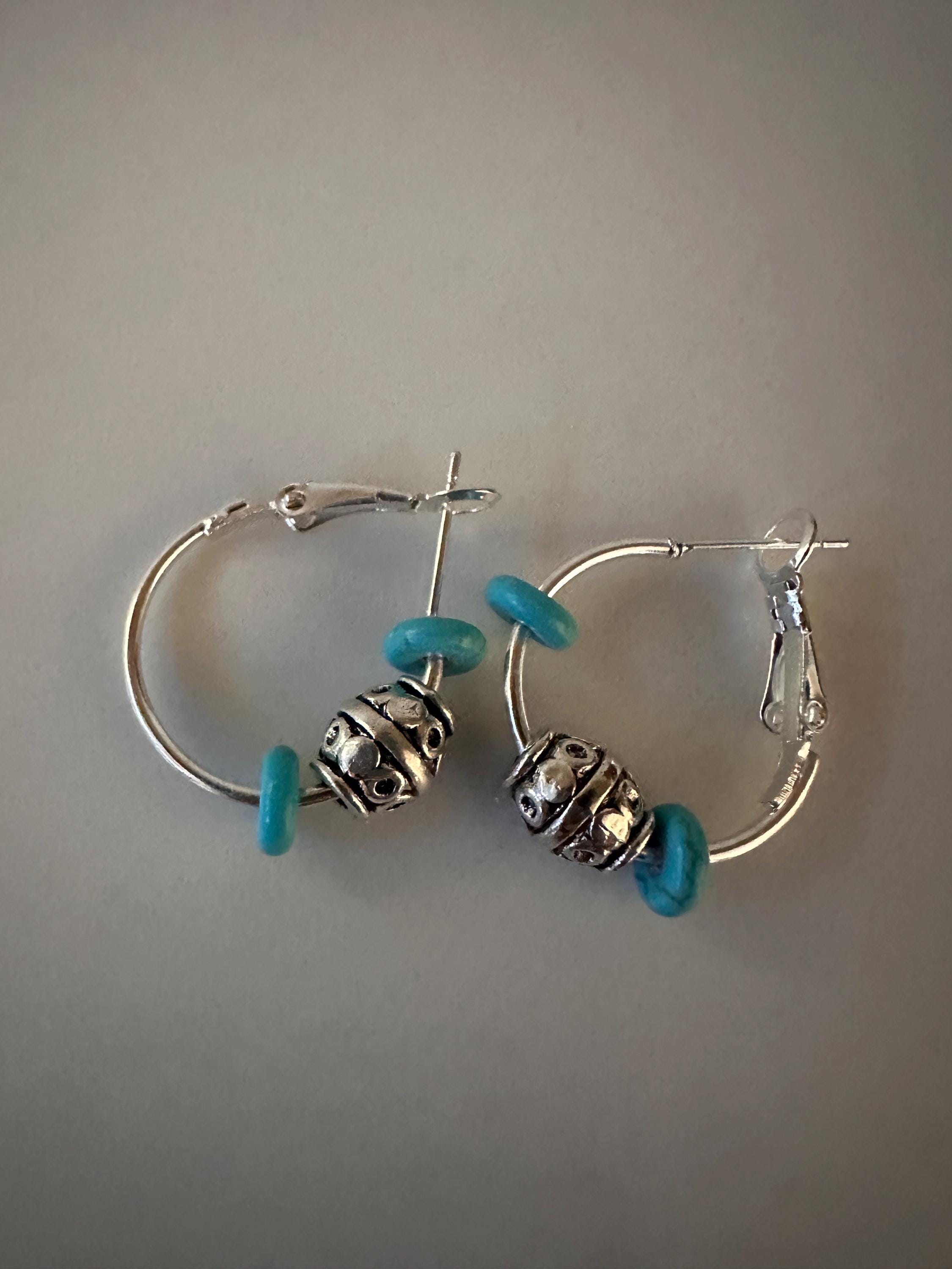 Silver Hoop Earrings with Turquoise & Antique Silver Beads (20mm)