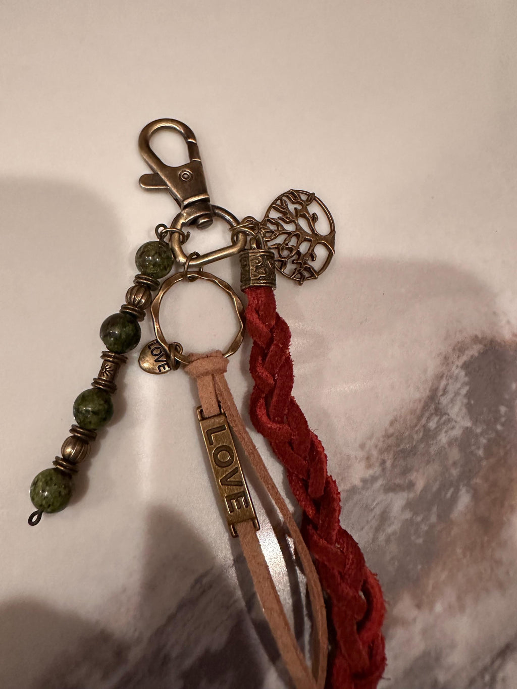 Brushed Bronze Key Chain: Leather, Tree, Agate Beads & Charms